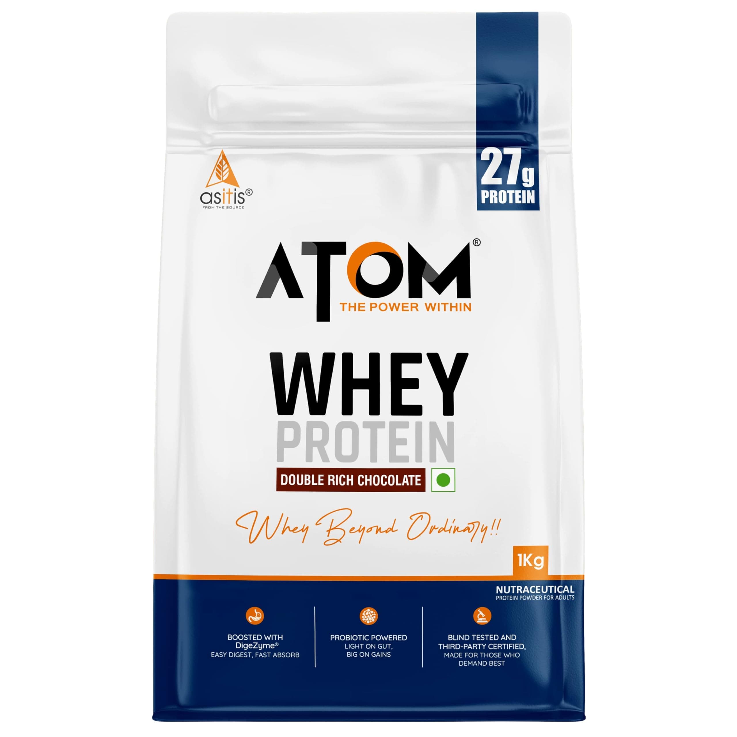 Asitis Nutrition Atom Whey Protein with Digestive Enzymes | Certified for Labodoor Accuracy and Purity | Double Rich Chocolate Flavor | 27g Protein | BCAA 5.7g 1kg White