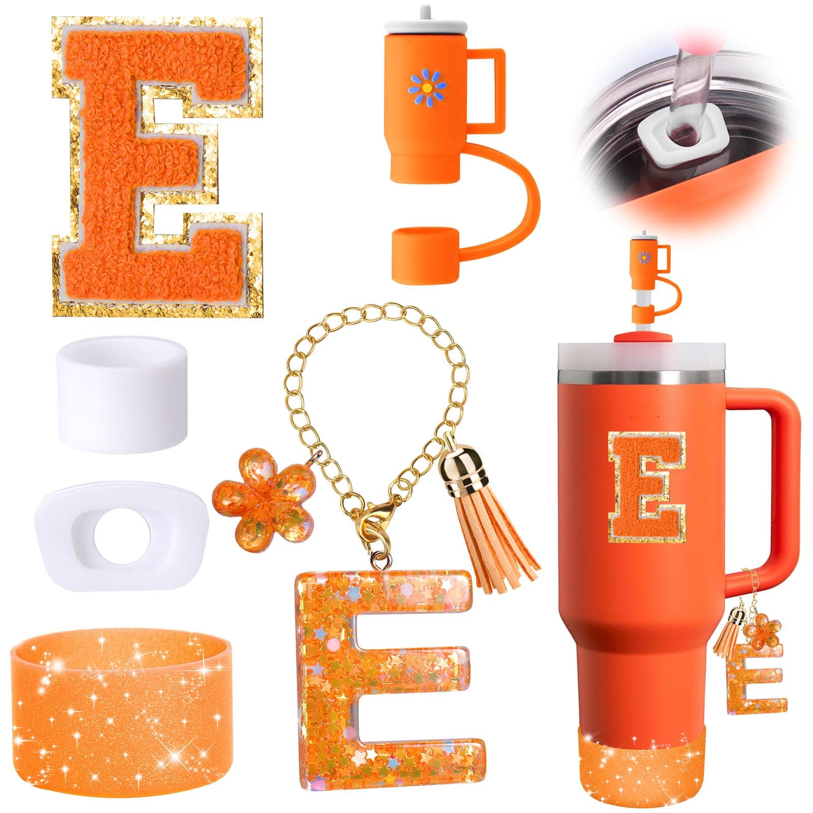Mity rain 6PCS Orange Cup Accessories Set for Stanley Cup 30oz 40oz tumbler with handle, Including Straw Topper Cover Cap and Boot, Spill Proof Stopper, Handle Charm, Initials Sticker(Letter E