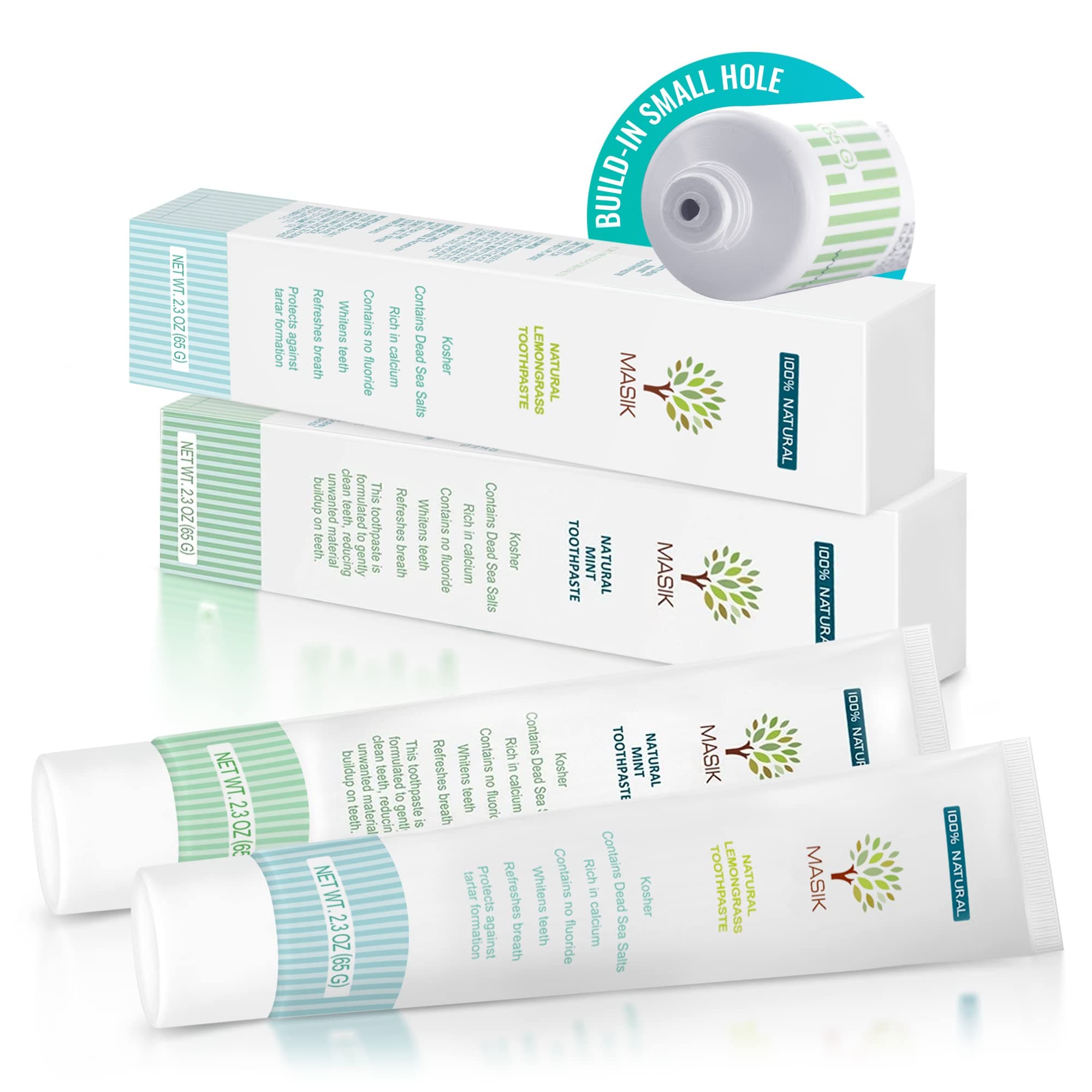 Masik Natural Toothpaste Whitening & Sensitive Teeth | Dead Sea Salt | Remove Plaque | Bleeding Gums & Canker Sore Care | Fluoride & SLS-Free | Non-Foaming | Made in Israel (Lemongrass & Mint, 2-Pack)