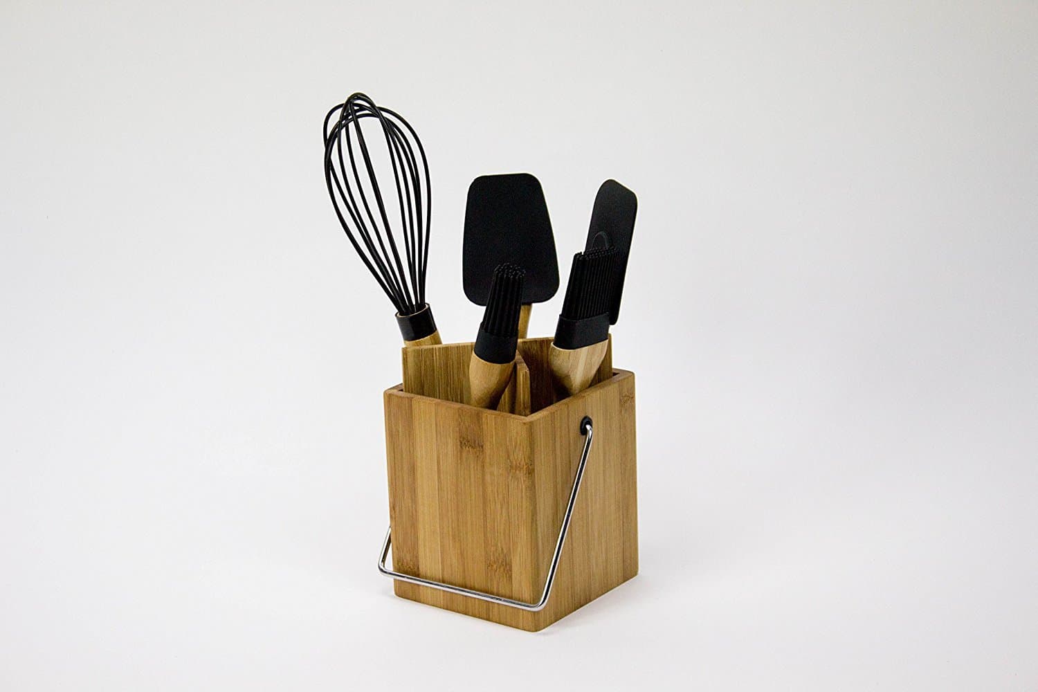 Bamboo Silicone 5-Piece Kitchen and Baking Utensil Set w/ Holder and Handle, Spoonula, Brushes, Spatula, and Whisk (Black)
