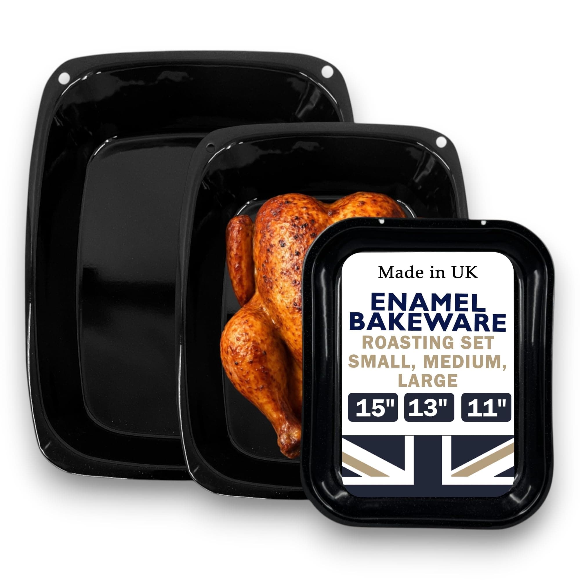 UK Made 3 Piece Vitreous Enamel Roasting Tin Baking Tray Pans Set 37cm/33cm/28cm