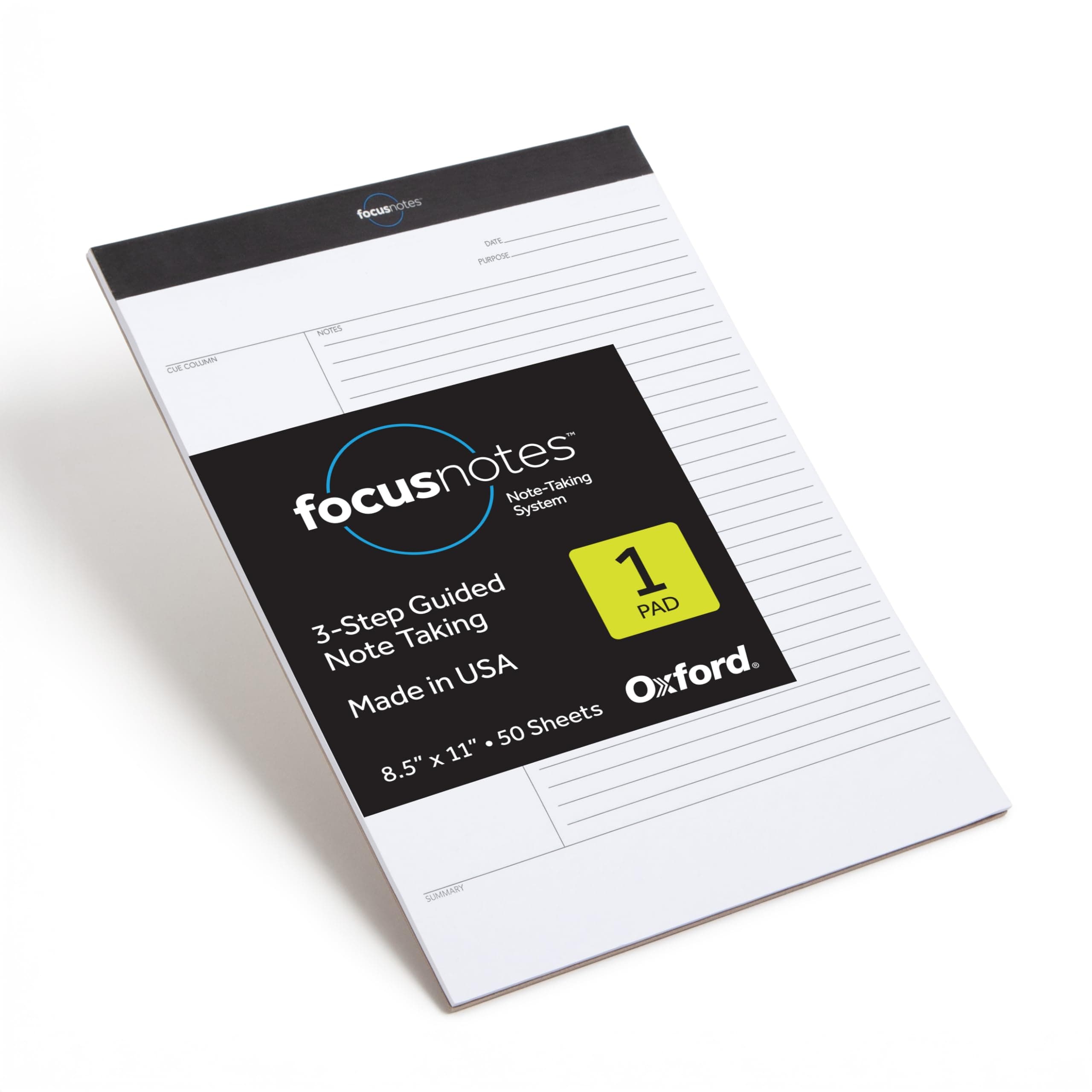 FocusNotes Writing Pad, Clear Note-Taking System, 8.5 x 11 Sheets, Guided Note, Cue & Summary Sections, 50 Sheets, Professional School and Office Notepad, Proudly Made in the USA