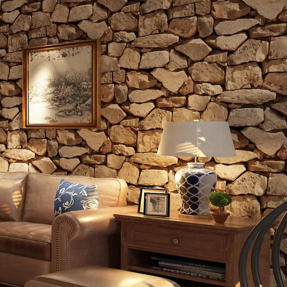 Rustic Stone Wallpaper - 3D Stone Effect Wall Paper, Brick Effect Wallpaper, Textured Thick Realistic Modern Accent Wall Panels for Living Spaces & Feature Walls