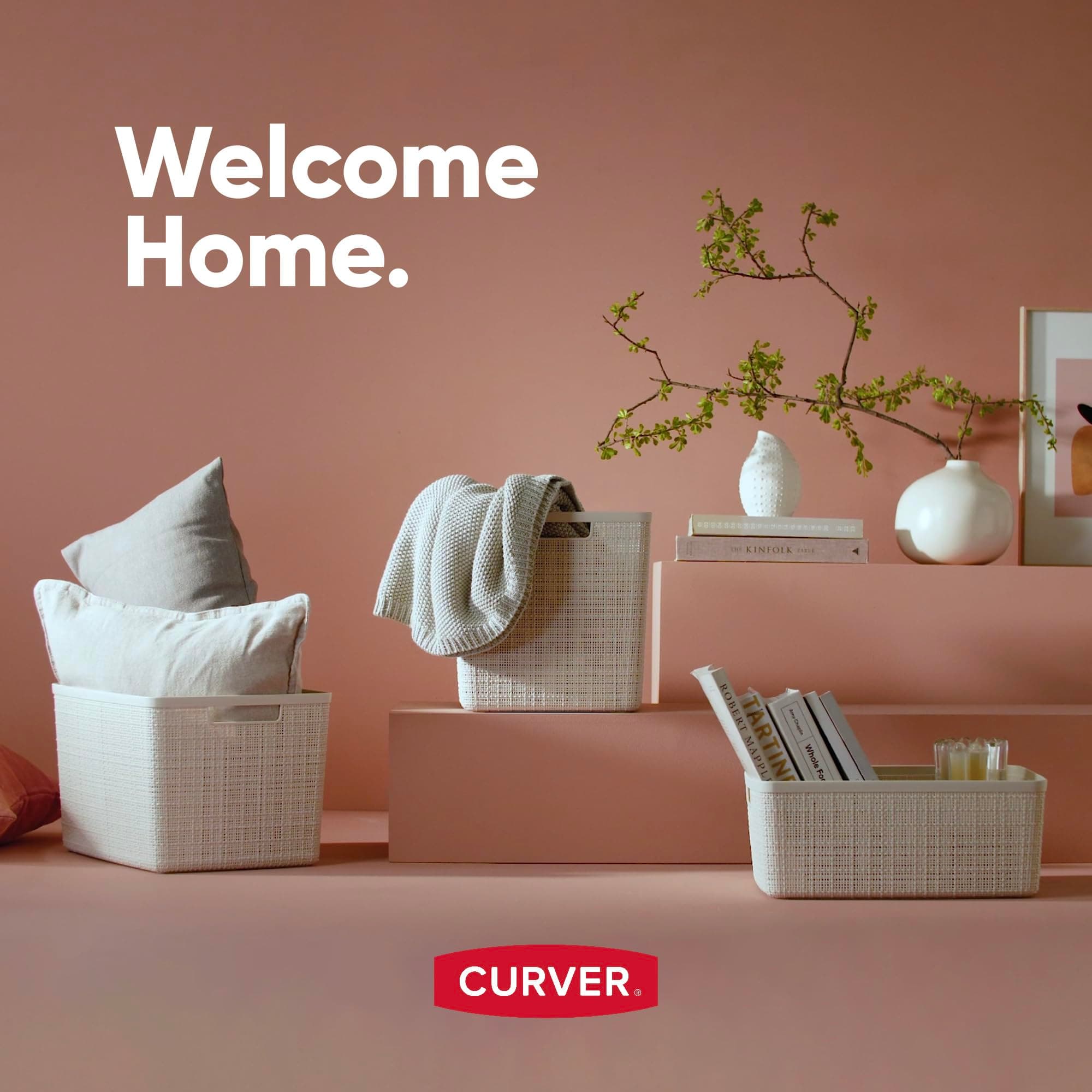 Curver Set of 4 Jute Cube Decorative Plastic Organization and Storage Baskets Perfect Bins for Home Office, Closet Shelves, Kitchen Pantry and All Bedroom Essentials, 17L / 18QT, White, 4 Piece