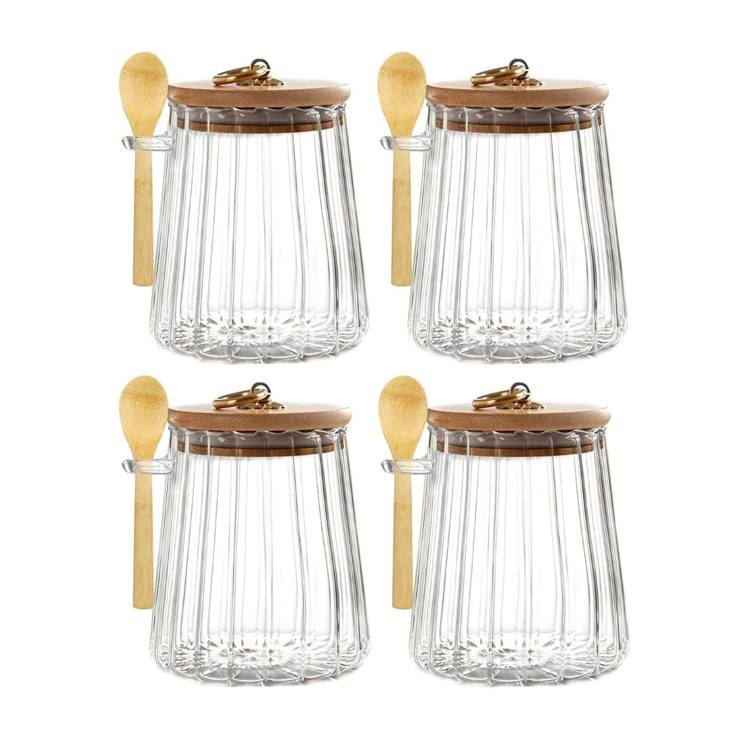 KUAIJI 4- pack 700 ml (23.6 oz) Glass Stripe Jar Glass with Wooden Spoons Lids Coffee Sugar Container Set for Decorative Jar with Lid Kitchen Food Storage Coffee Tea Sugar (Taper 4x700 ML)