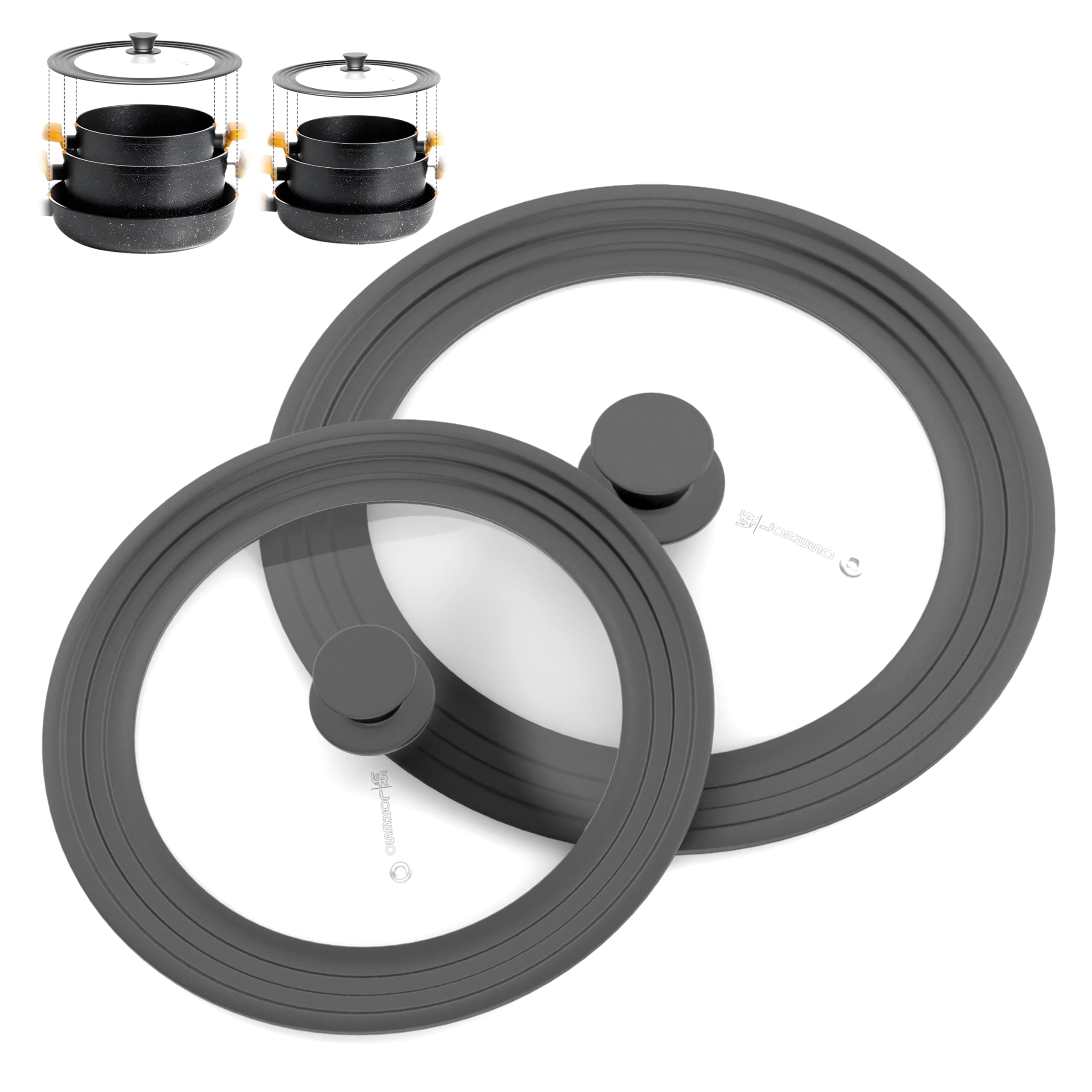 LSR Loreso Universal Pan Lid for Pots Pans and Skillets 7.5-11.5 Inch - Tempered Glass Pot Lid Set with Auto-Sizing Silicone Rim, 2 Pack Grey
