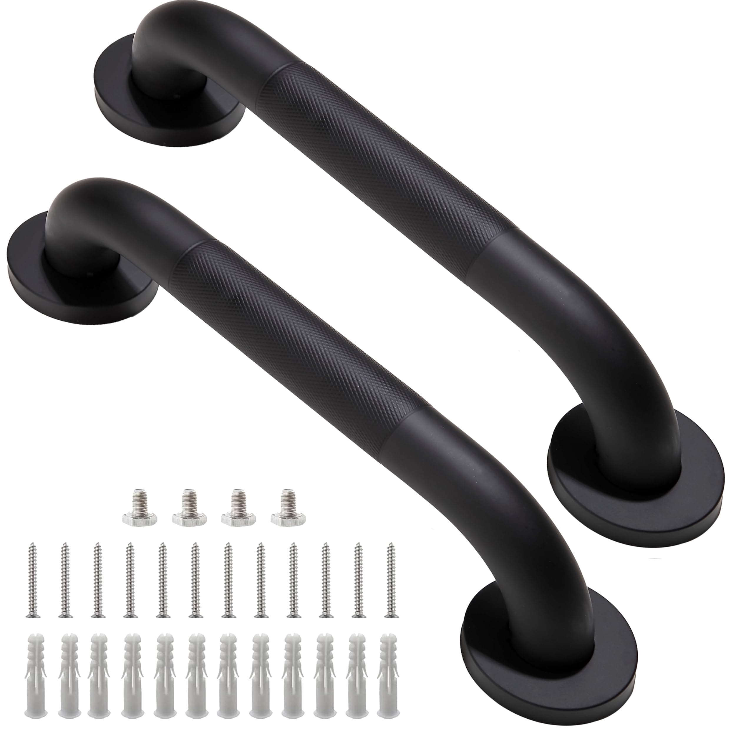 Shower Grab Bar, 2 Pack 12 Inch Black Bathroom Grab Bar, 1.25" Diameter 304 Stainless Steel Anti-Slip Grab Bars for Bathtubs and Showers, Handicap Shower Grab Bar for Seniors Elderly