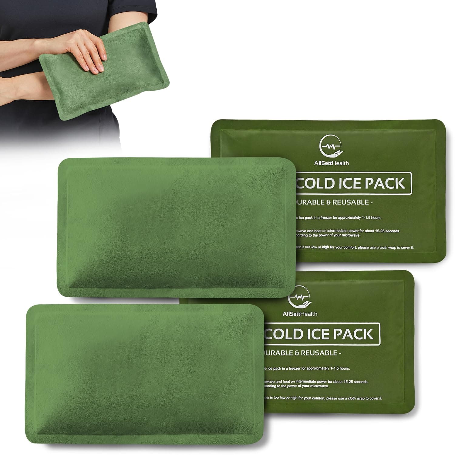 Reusable Ice Packs for Injuries - (10" x 6") Soft Ice Pack with 1 Sided Velvet Soft Fleece Fabric, Flexible Hot and Cold Gel Ice Pack Set, Green, Pack of 4