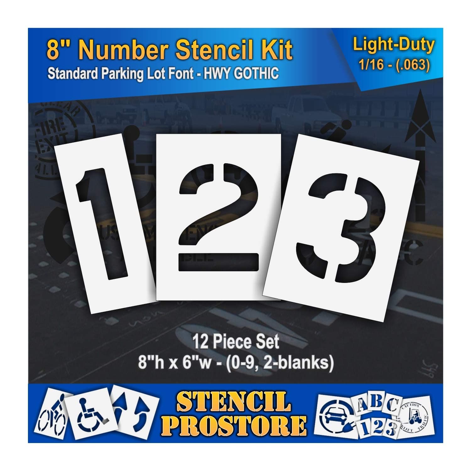 - Pavement Stencils - 8 inch Number KIT Stencil Set - (12 Piece) - 8" x 6" x 1/16" (63 mil) - Light-Duty