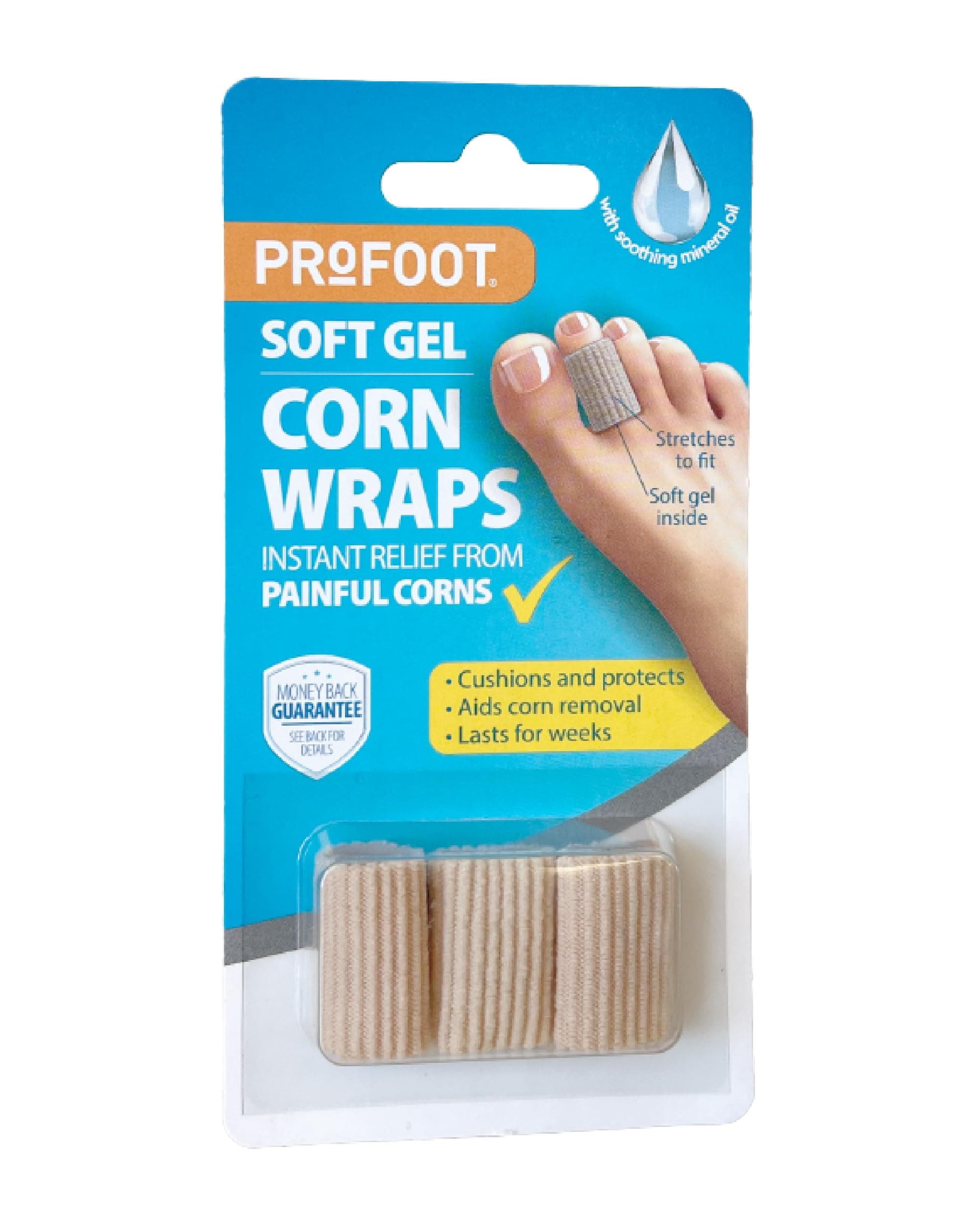 Profoot Soft Gel Corn Wraps - Instant Relief from Painful Corns - Cushions and Protects - Contains Soft Gel, Reduces Pressure and Friction - Contains 3 Washable & Reusable Toe Wraps