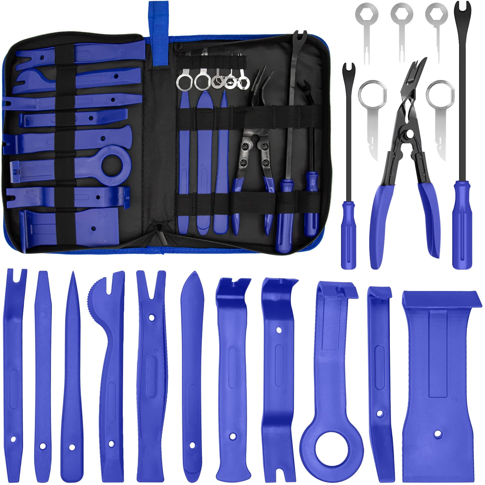 19pcs Trim Removal Tools Clip Pliers, Car Panel Door Audio Trim Removal Tool Kit, Auto Clip Pliers Fastener Remover Pry Tool Set with Storage Bag, for Door Panel, Moldings, Emblems, Window Trims