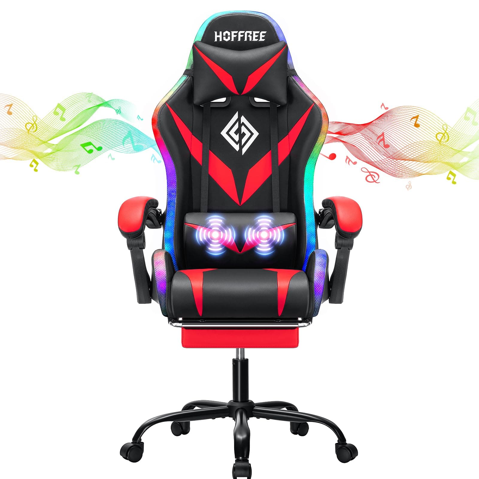 HOFFREE Gaming Chair Massage with Bluetooth Speakers and Led Lights Ergonomic Computer Gaming Chair with Footrest RGB Video Game Chair with High Back Lumbar Support Red and Black