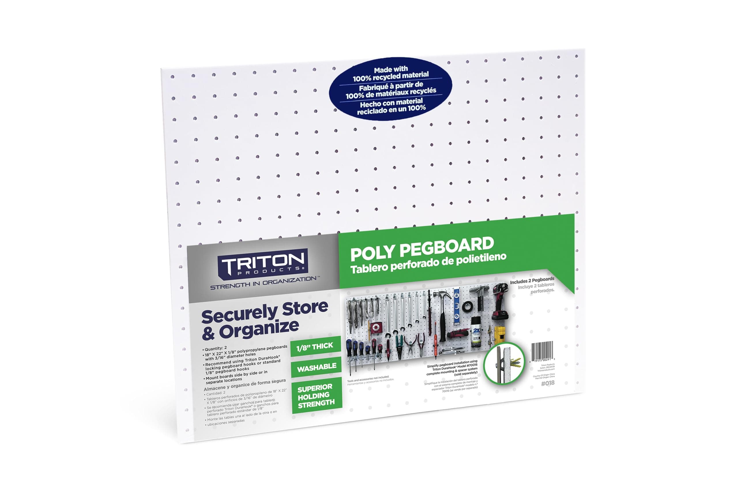 Triton Products Poly Pegboards - Set of 2 Wall Panels, Each 22" x 18" x 1/8" with 1/8” Holes, for Home, Office, Garage, Storage and Organization (White)