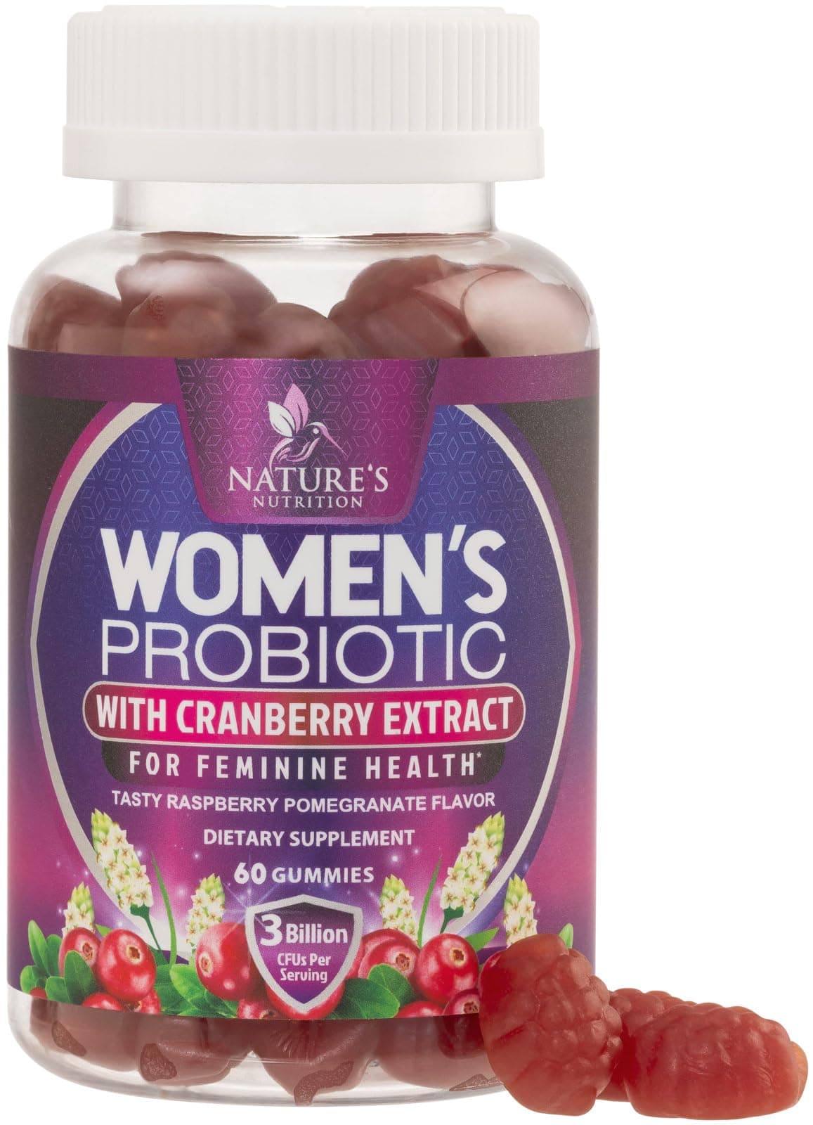 Probiotics for Women Gummy w/pH Support - 3 Billion CFU Womens Probiotic for Digestive, l, Urinary & Immune Health Support, 6 Diverse Strains w/Cranberry, Non-GMO - 60 Gummies