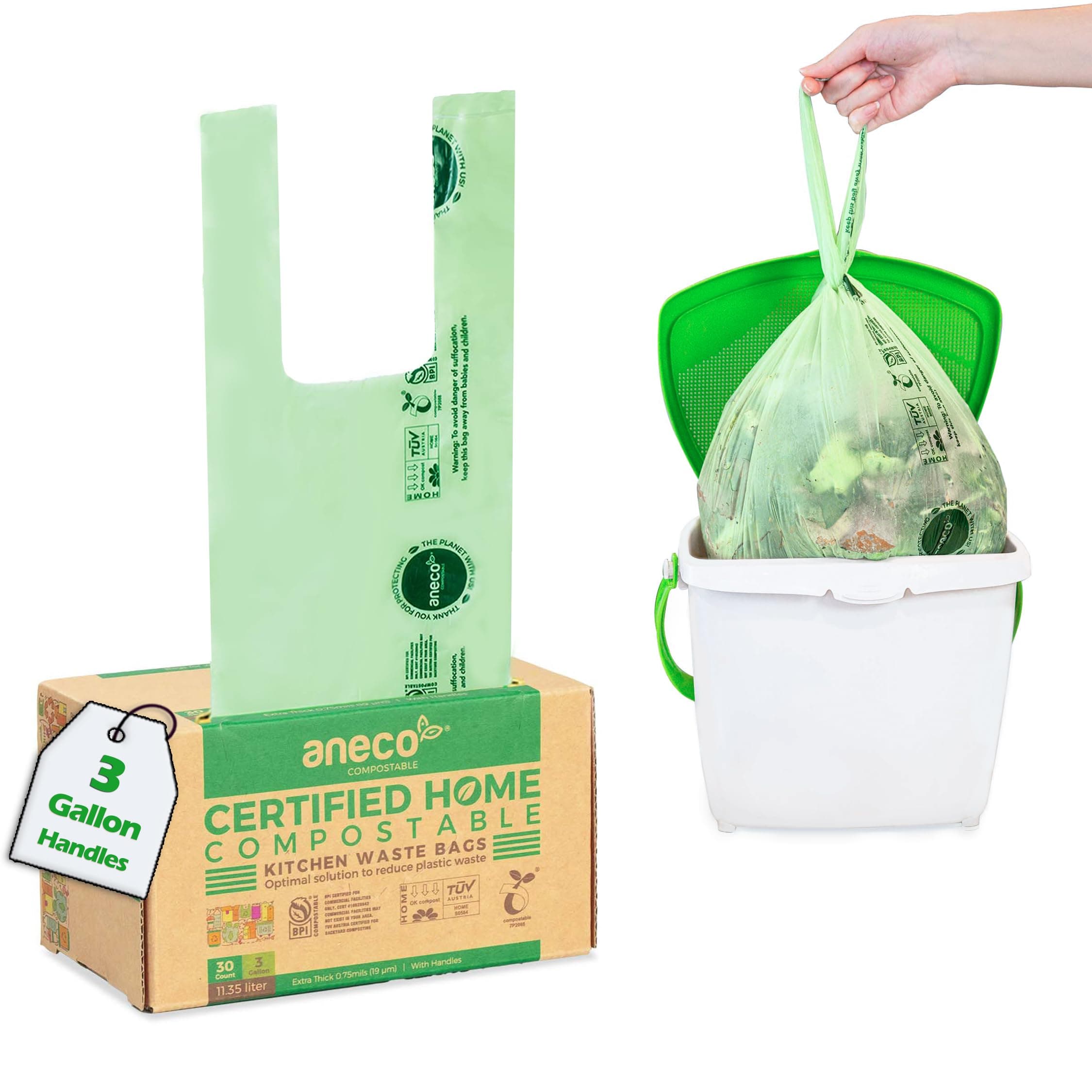 ANECO Compostable Trash Bags 3 Gallon With Handles (30 Count), Extra Strong Compost Bags for Kitchen Countertop Bin - BPI & OK Compost HOME Certified Small Garbage Bags With Handles