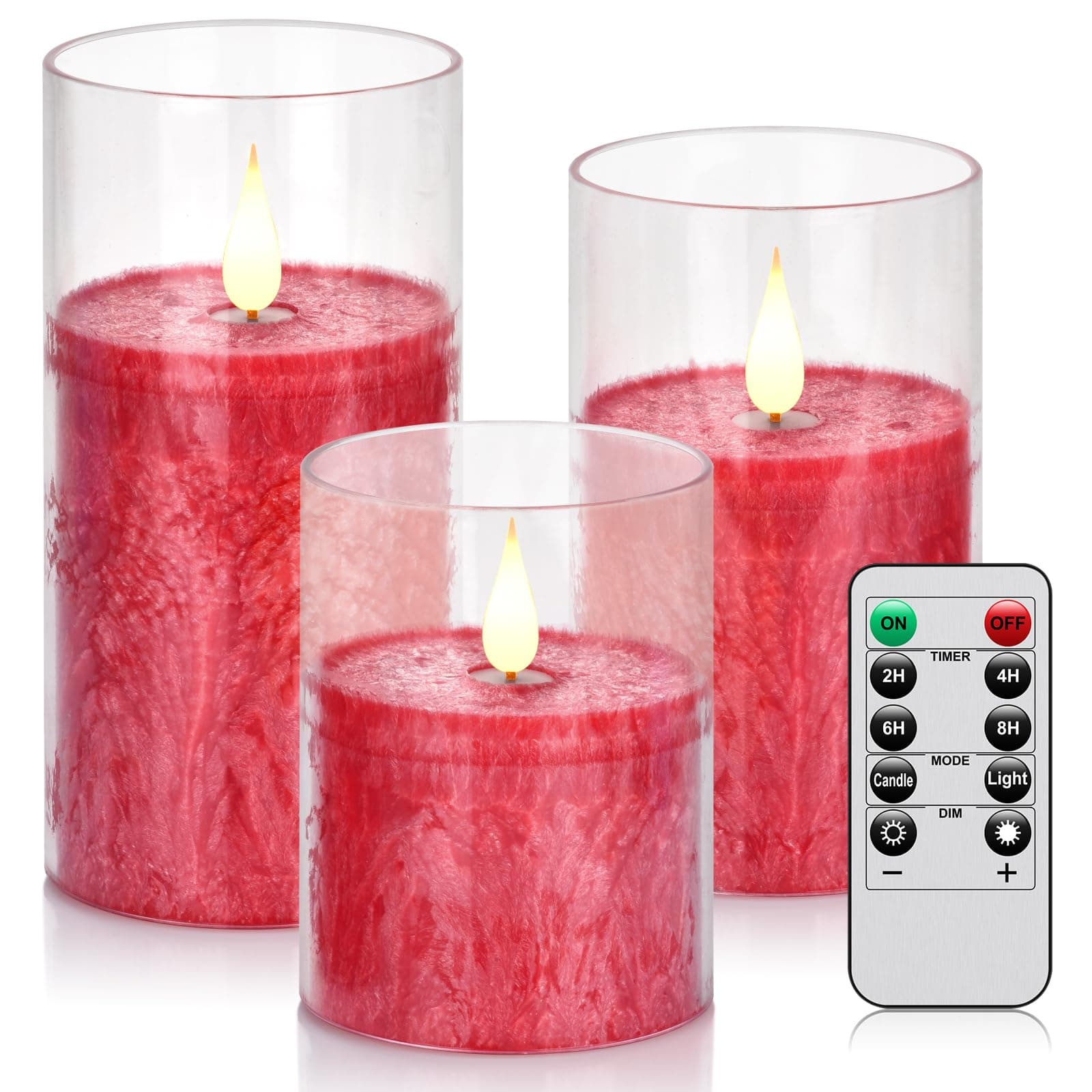 Flameless Flickering Remote Control Candle, Glass Pillar Candle,3 Pack (D:3"×H:4" 5" 6") LED 3D Flame Romantic Candle,Battery Operated Real Wax, Ideal for Wedding, Home Decor Holiday (Red)