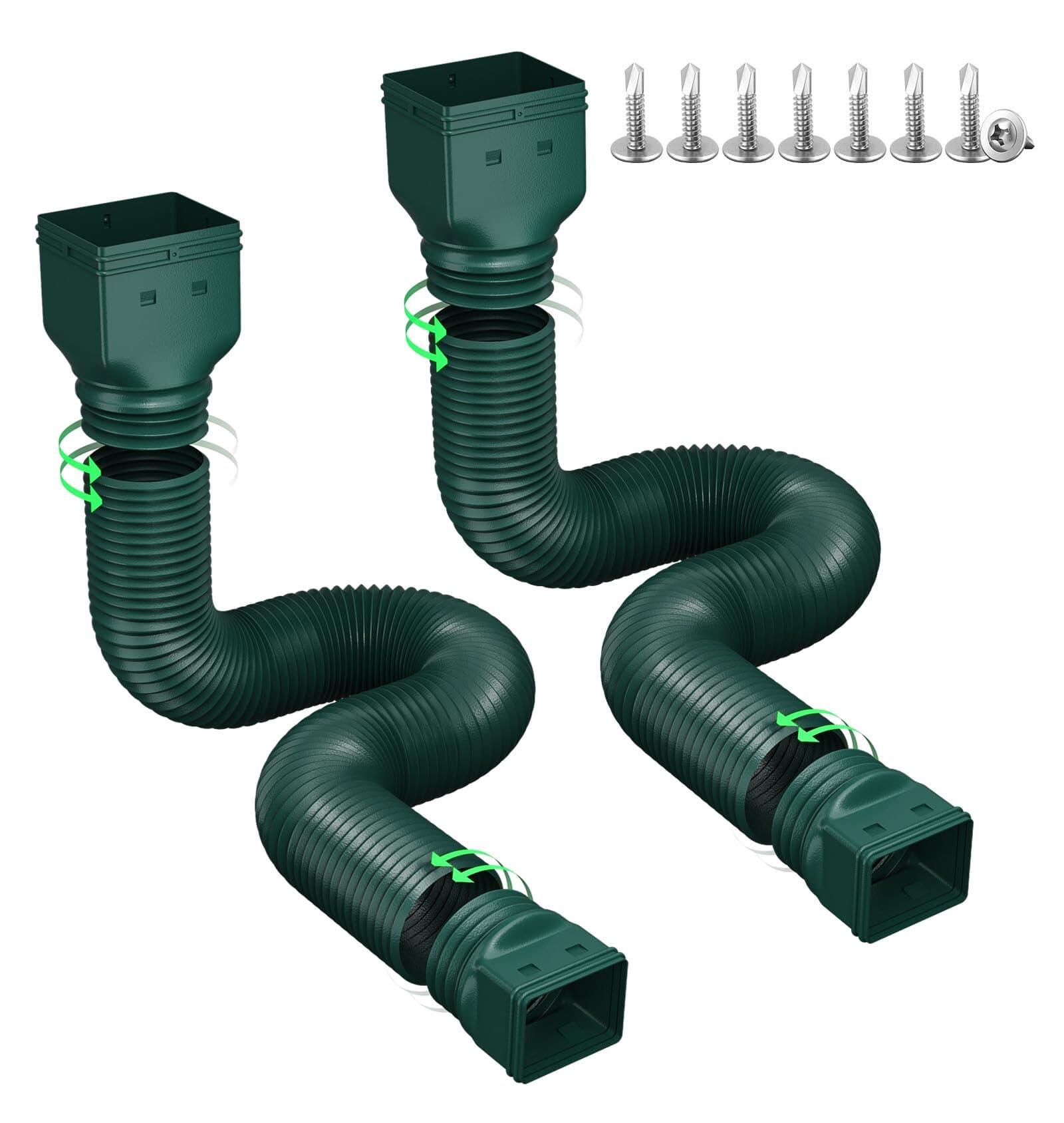 Rain Gutter Downspout Extensions, Downspout Extender for Rainwater Drainage Flexible, Down Spout Drain Extension Pipe and Extendable from 21 to 66 Inches (2 Pack, Green)