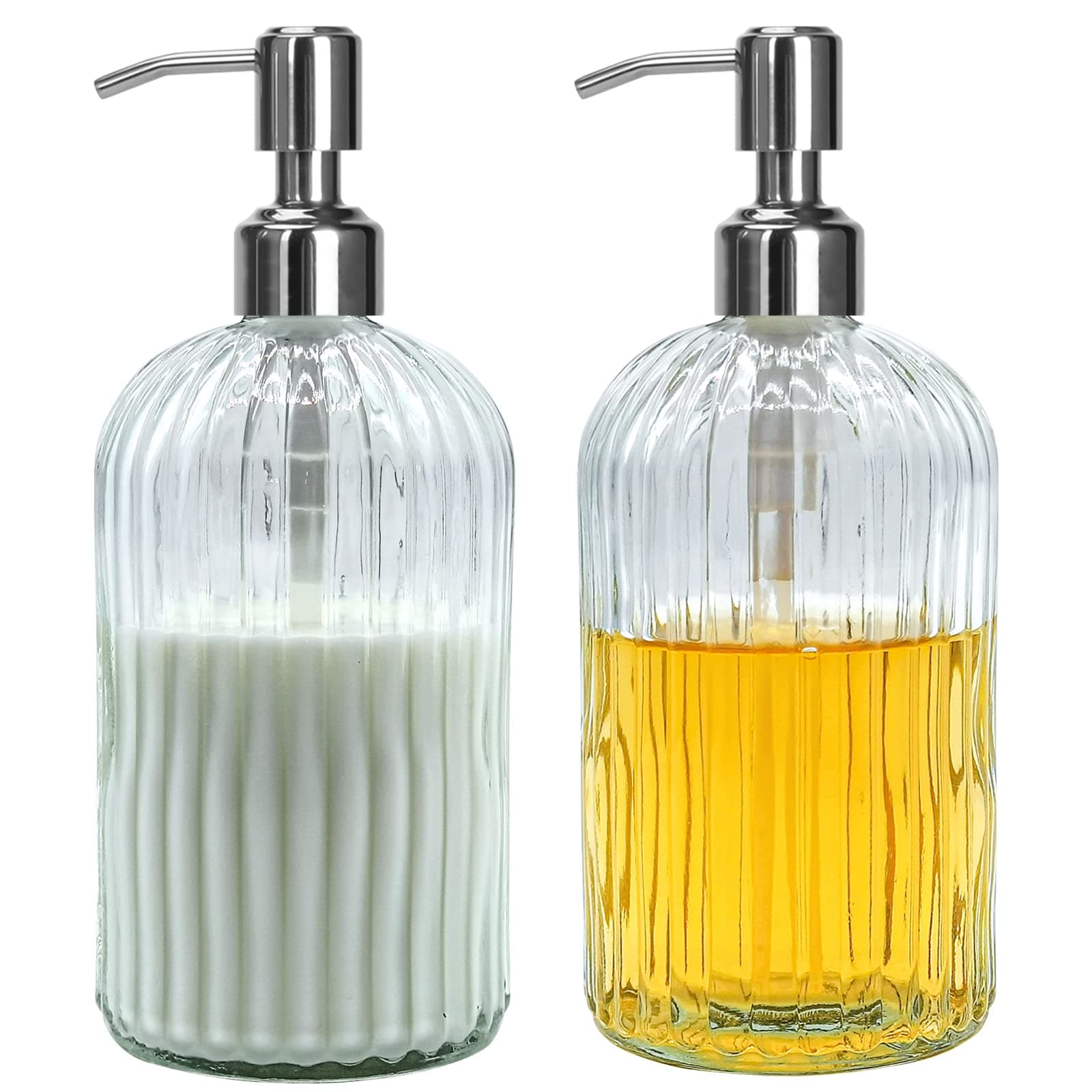 Clear Glass Soap Dispenser 18 oz, 2 Pack Hand Dish Soap Dispensers Bathroom with Stainless Steel Pump, Refillable Kitchen Liquid Decorative Bottles for Hand Sanitizer, Lotion