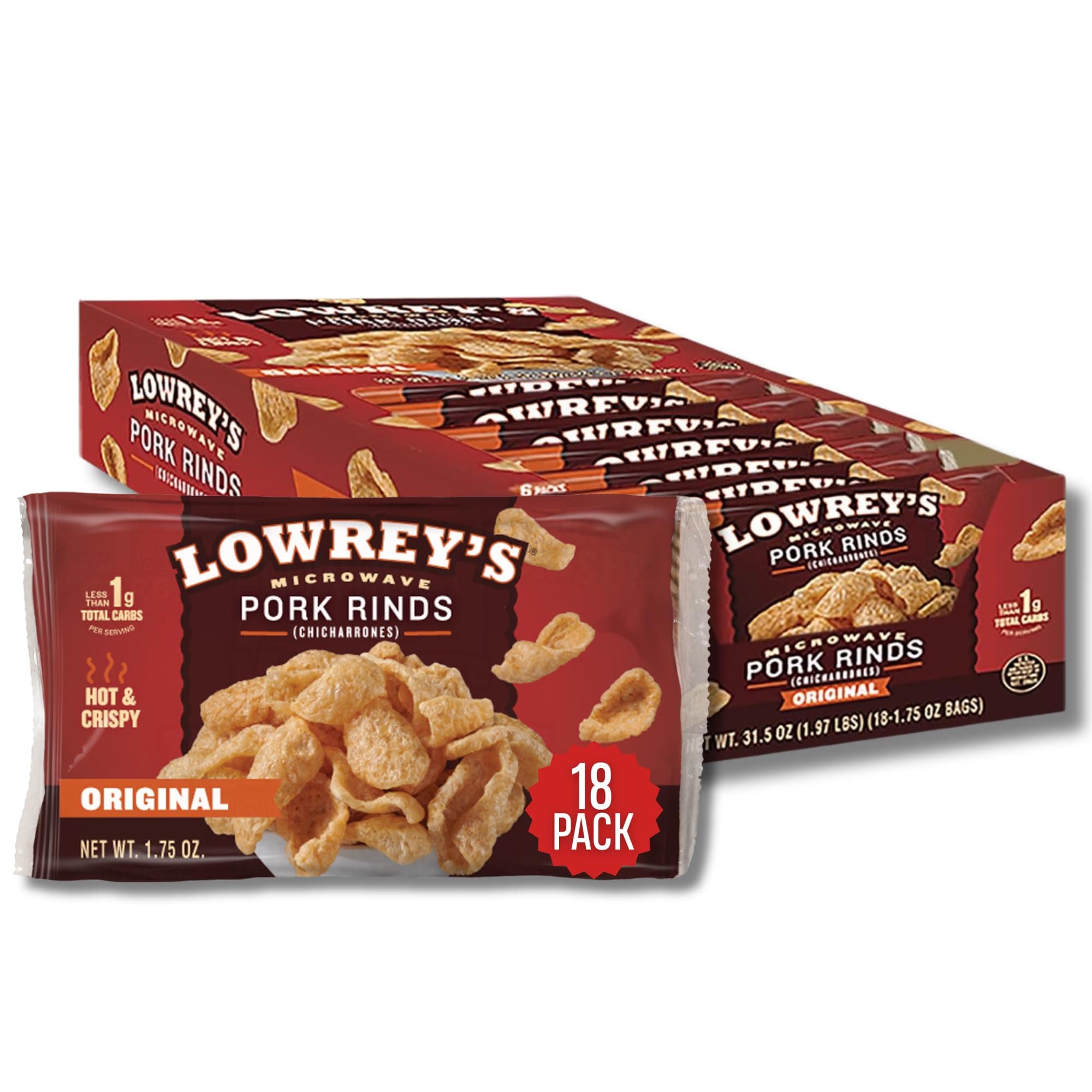 Lowrey's Bacon Curls Microwave Pork Rinds (Chicharrones), Original, 1.75 Ounce (Pack of 18)