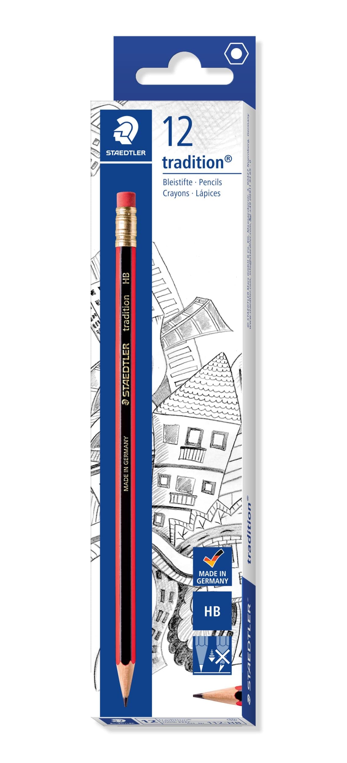 STAEDTLER 112-HB Tradition Graphite Pencil for Drawing & Sketching - HB, Eraser-Tip (Box of 12)