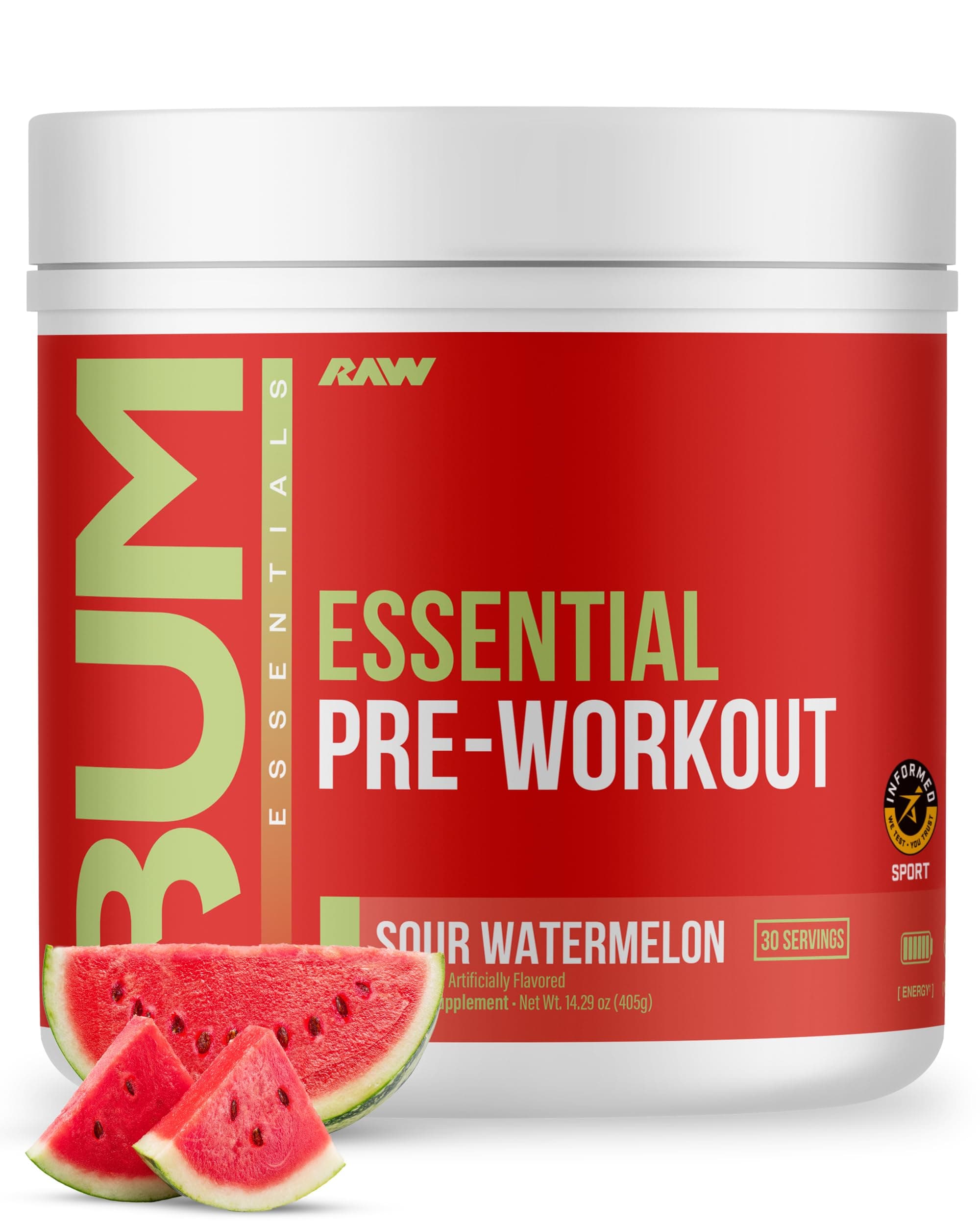 Raw Essential Pre-Workout | Unmatched Energy & Focus | Enhanced Muscle Pumps | For All Athletes | Caffeine Fueled | L-Citrulline Enhanced | Ultimate Workout Boost | Sour Watermelon | 30 Servings