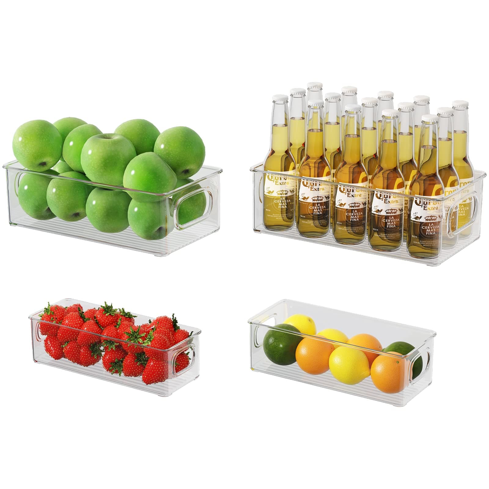 FINEW Fridge Organisers, 4 Pack Kitchen Organisation Storage Bins, Clear Cupboard Organiser with Handles for Pantry, Cabinet, Freezer - BPA-Free Storage Container