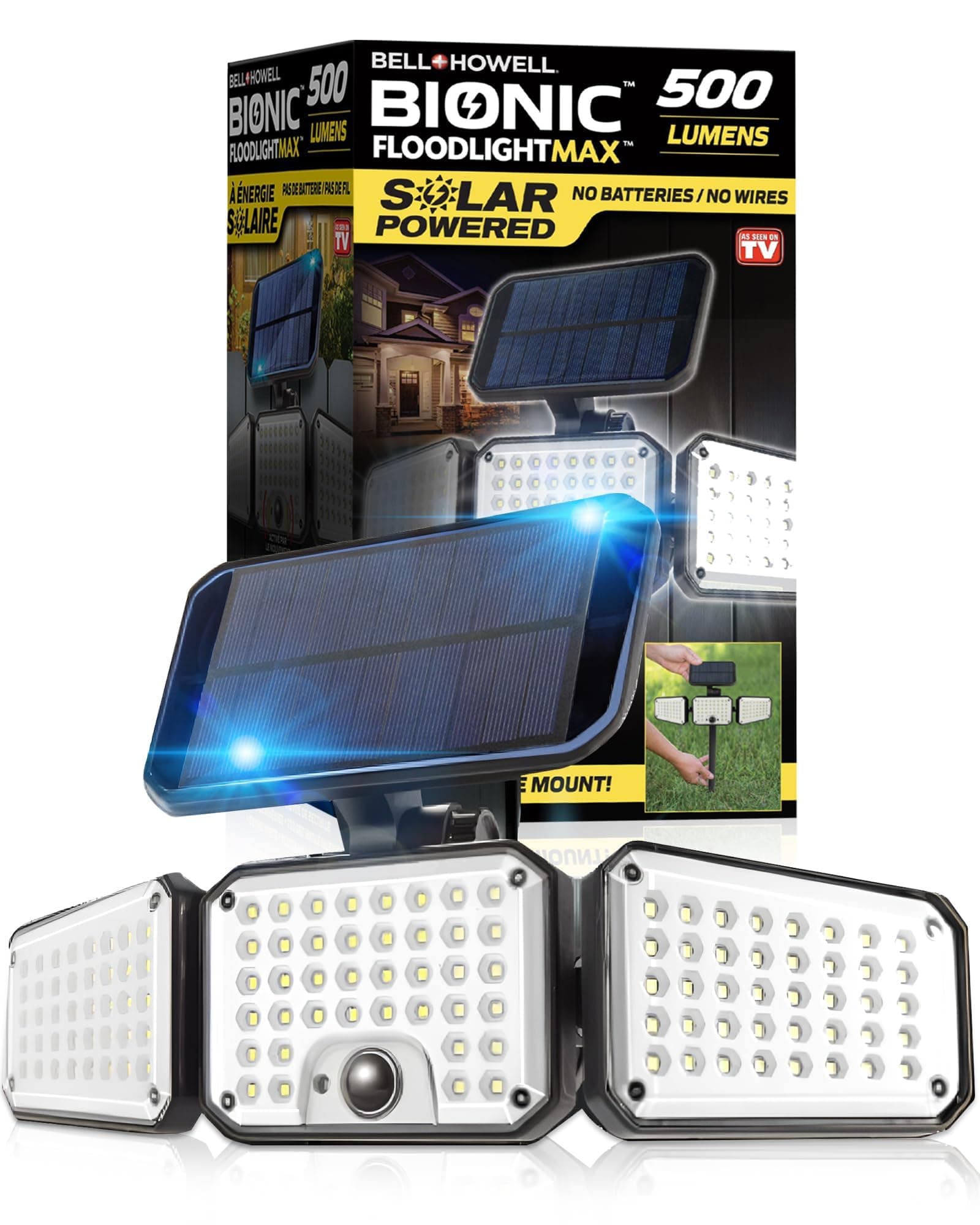Bell+Howell Bionic Flood Light AS SEEN ON TV, 500 Lumen Deluxe Version Bionic Floodlight, LED Solar Flood Lights Outdoor Motion Sensor Waterproof Solar Security Lights with 360° 3 Panel Design