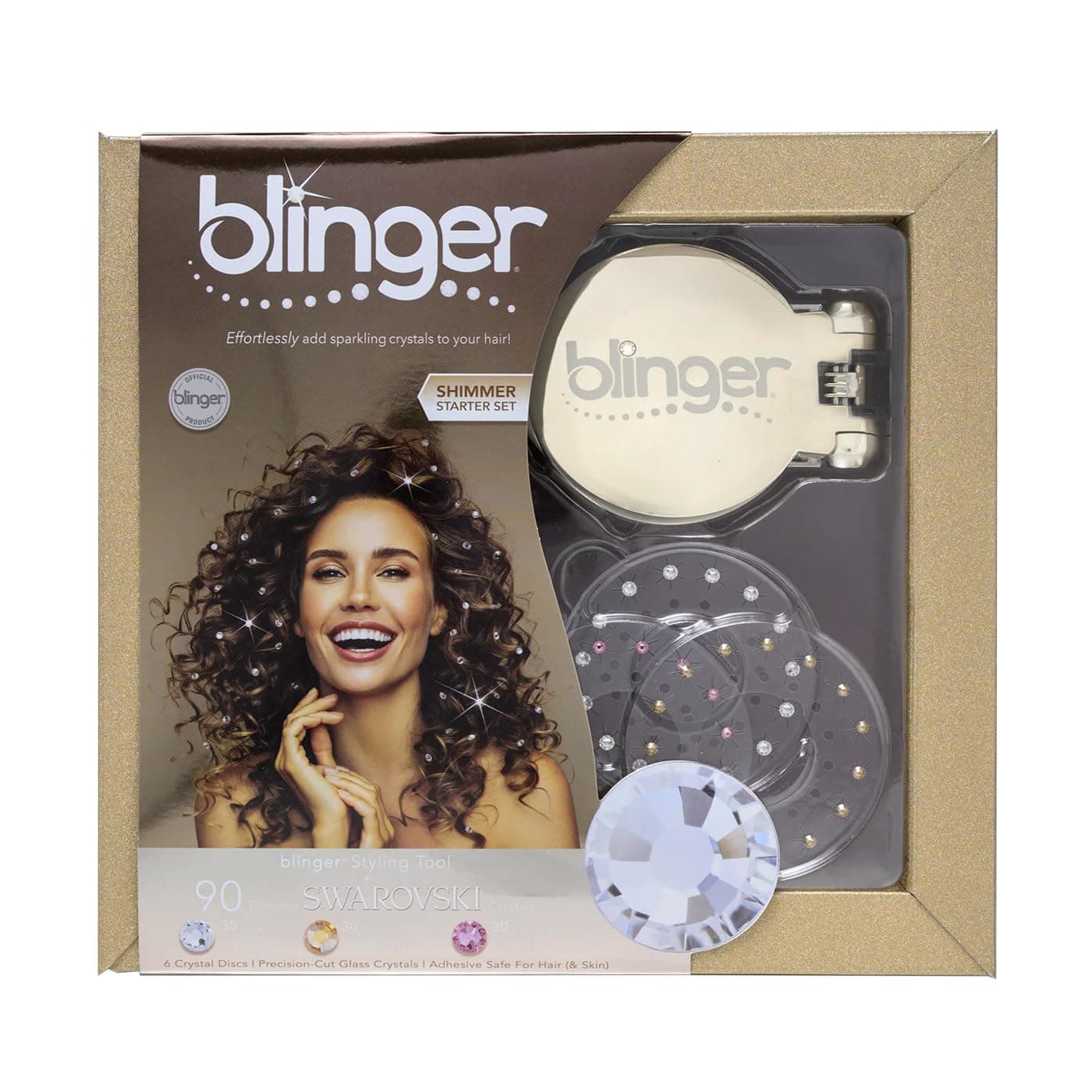 Shimmer Starter Set with Gold-Plated blinger Styling Tool & 90 Precision-Cut Glass Crystals – as seen on Shark Tank | Hair-Safe Accessories for Women | Hair Jewelry for Parties & Gifts