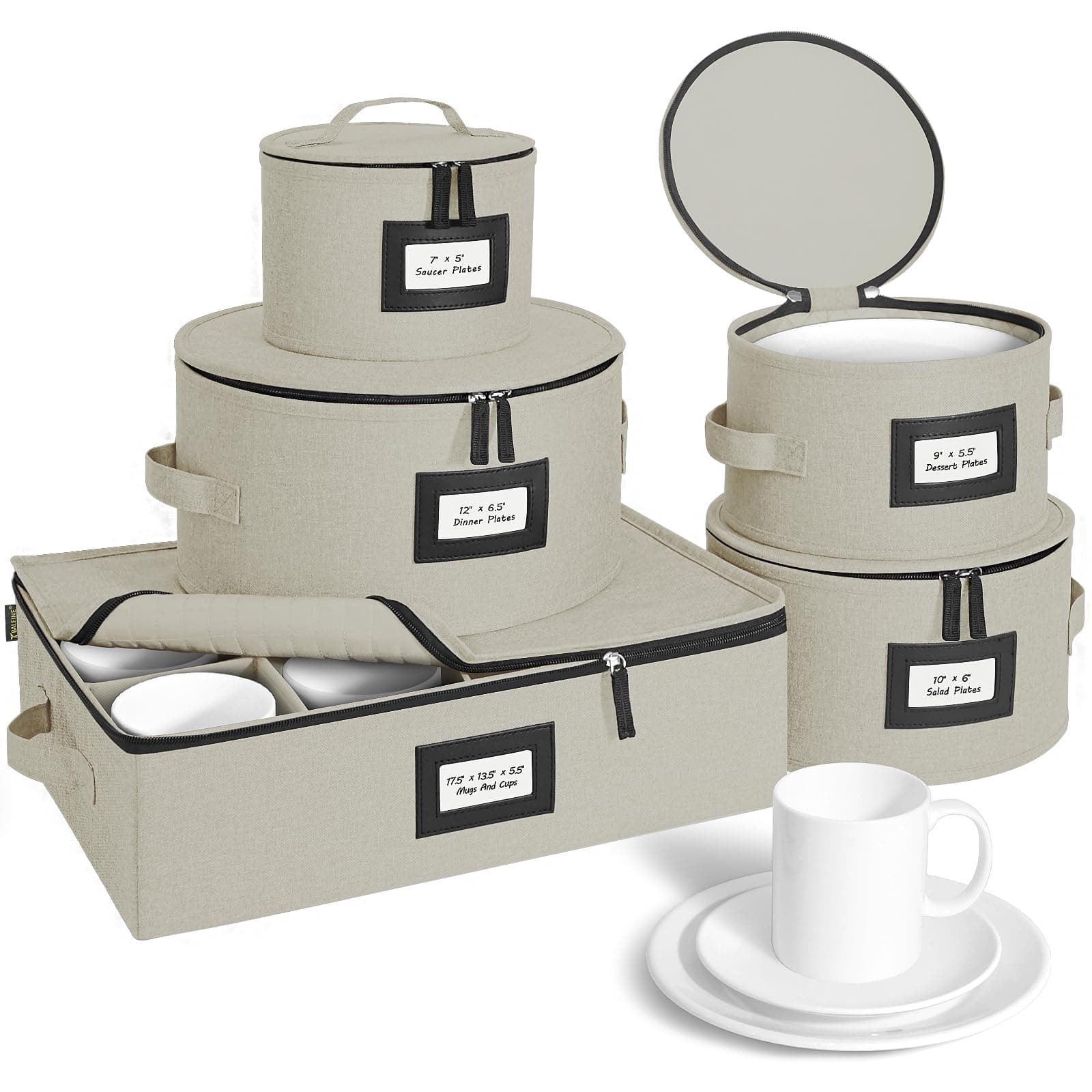 China Storage Containers, Sturdy Quilted Wine Glass Storage, Plate Organizer with Carry Handles, Moving Boxes for Dishes, Cups, Mugs and Stemware (Plate Mug Combo, Hard Shell Cream)