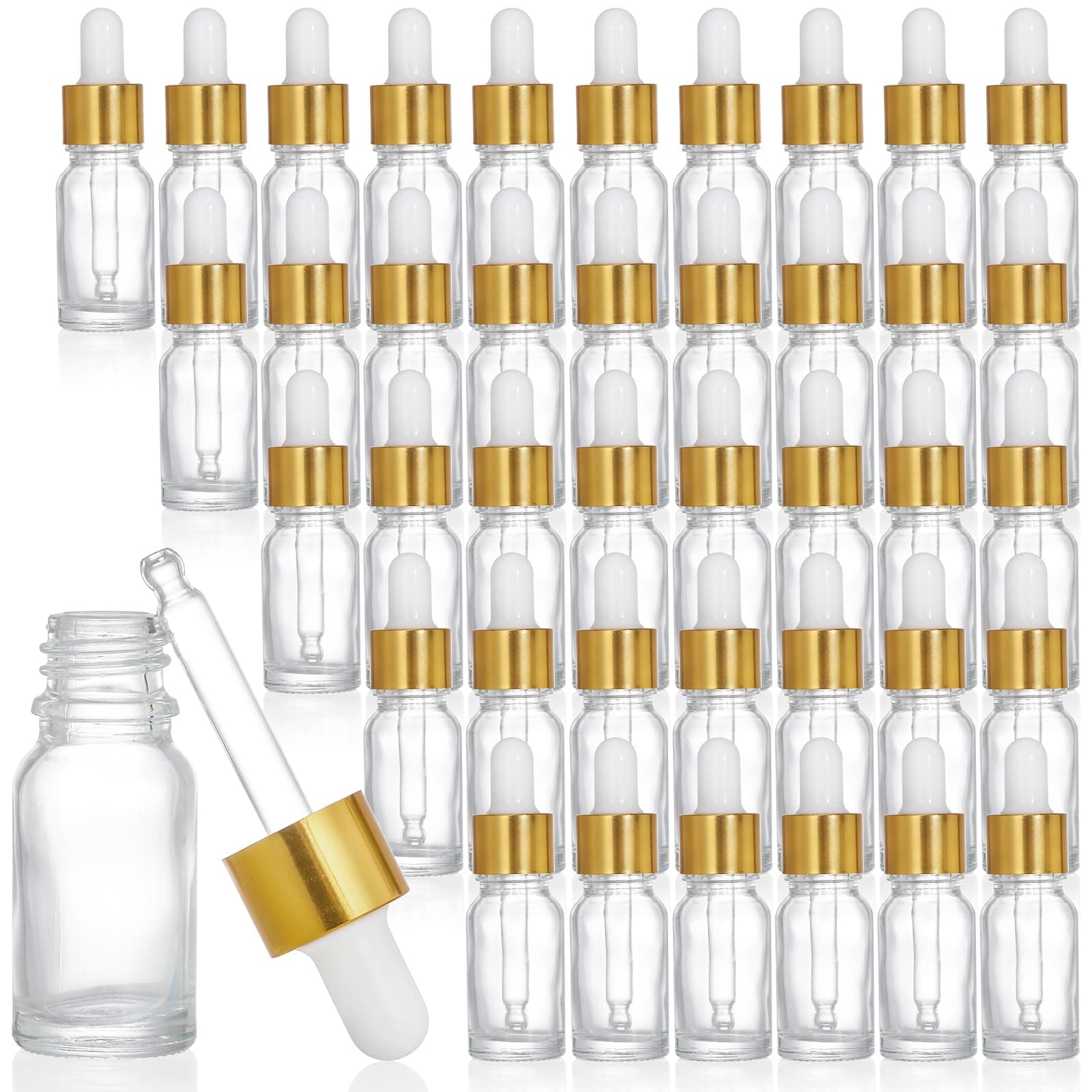 Lawei 40pcs Eye Dropper Bottle 10ml Empty Mini Bottles with Dropper Pipettes Golden Aluminum Alloy Cap Refillable Sample Container for Essential Oils Perfume Cosmetic Liquid