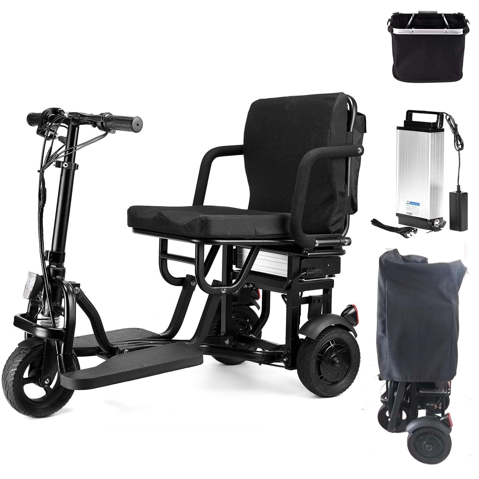 Mobility Scooters for Adults - NO ASSEMBLY REQUIRED, Powered Mobility Scooters Folding Portable Power 3 Wheel Travel Scooter, Weight Only 48 lbs, 20 Miles Long Range (Come with Basket & Cover)