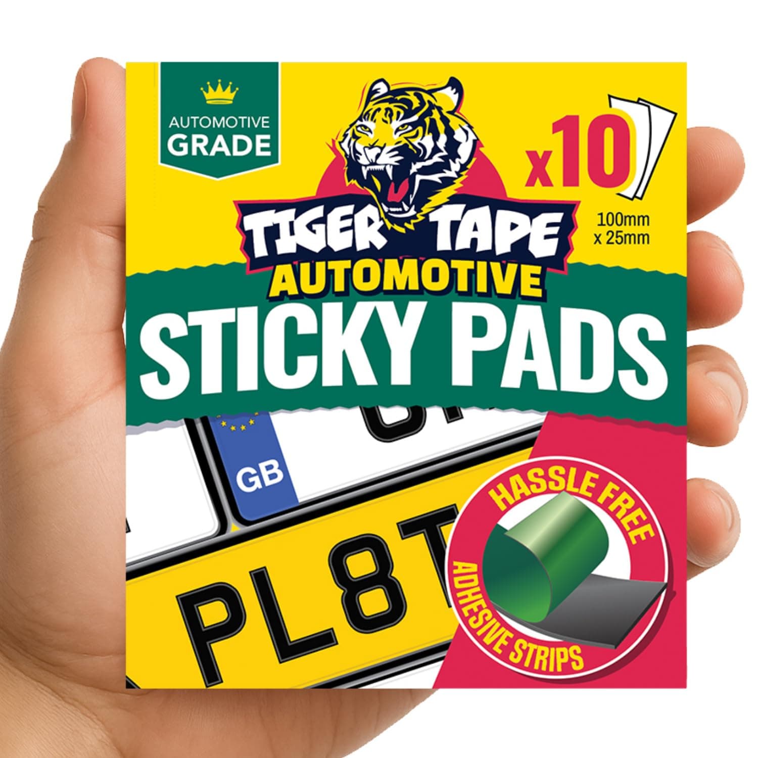 Tiger Tape® Number Plate Sticky Pads. Automotive Grade Heavy Duty, Extra Strong Double Sided Adhesive for Vehicle Number Plates, Licence Plates, Car Registration, Mounting Tape – 10 Strips