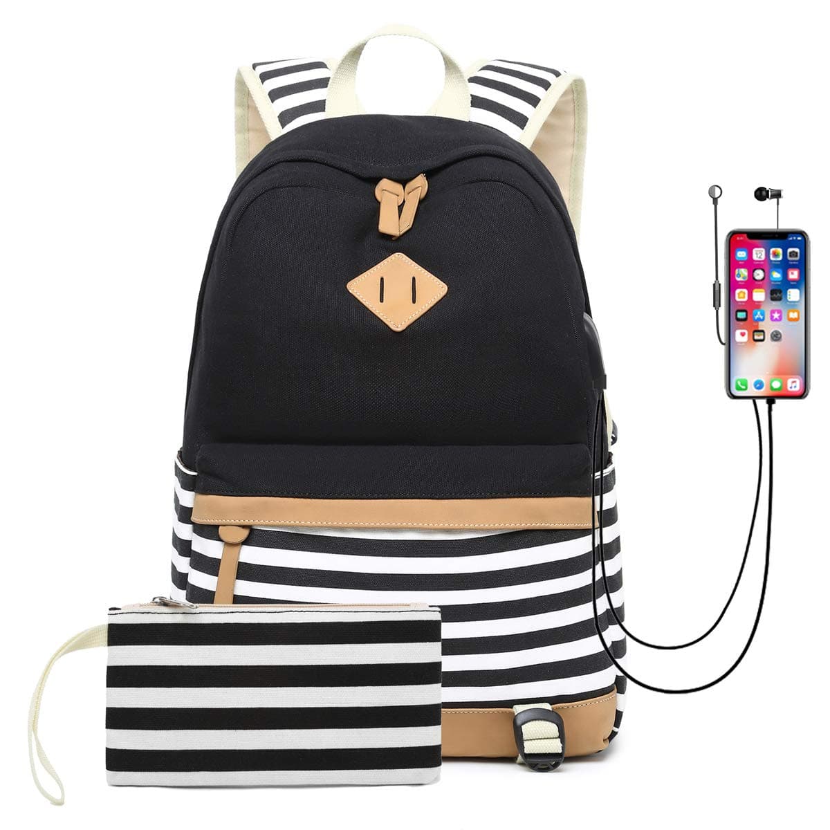 School Backpack with USB Charging Port Casual Canvas Striped Bag Daypack Large Capacity Rucksack for Teenager Girls Boys College Student (Black)