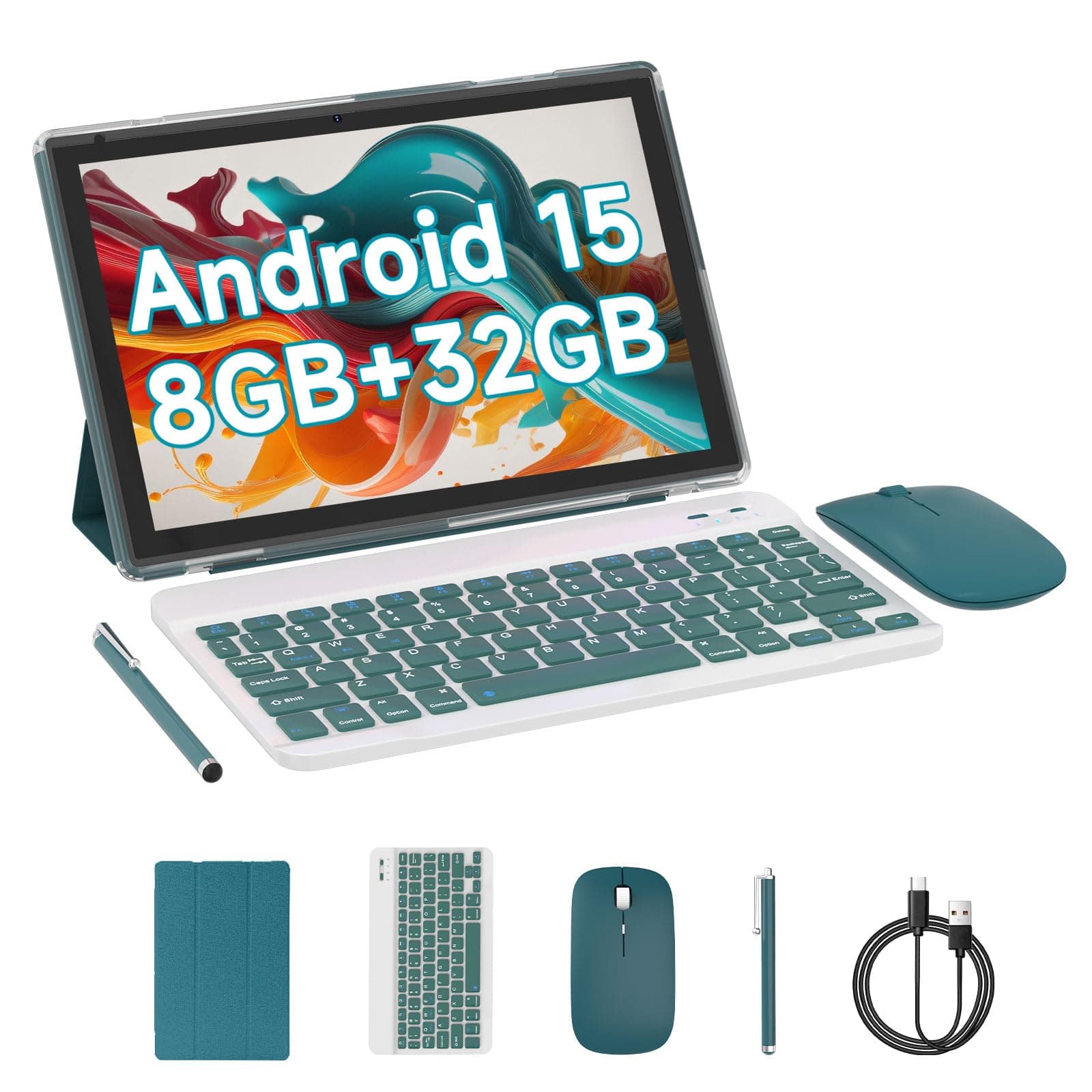 Android 15 Tablet, 10 Inch 8GB RAM+32GB ROM+1TB Expand, 1.8Ghz Quad-core Processor, 2 in 1 Tablets with Keyboard Mouse Case Stylus, 8MP Camera, 6000mAh Battery, 1280*800 HD Screen, 5G WiFi 6 Tablet PC