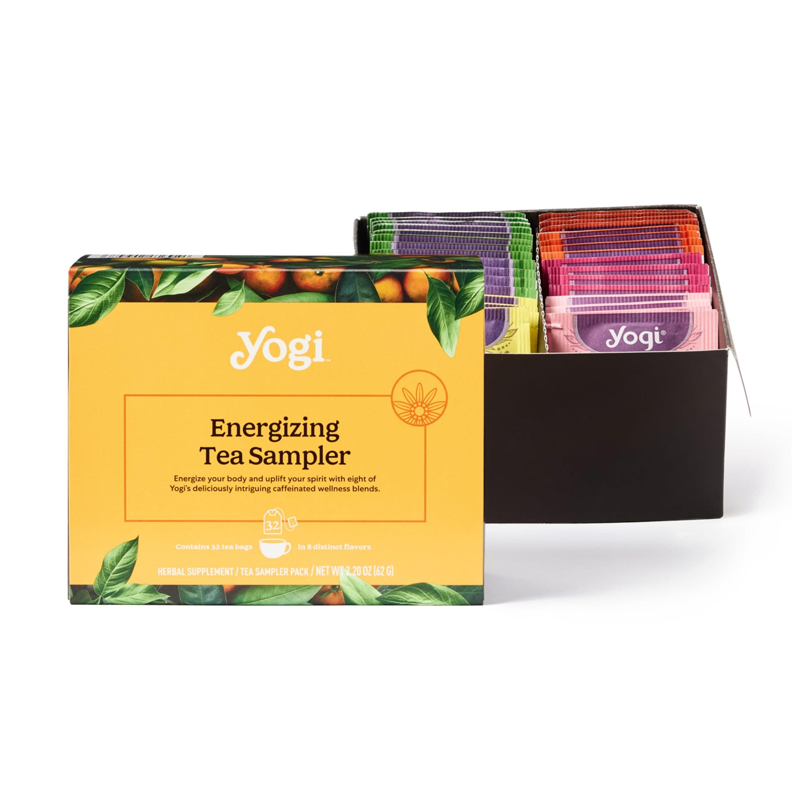 Organic Tea Energy Sampler Box (32 Tea Bags) - 8 Energizing Black & Green Teas - Contains Caffeine - Gift Set & Variety Pack