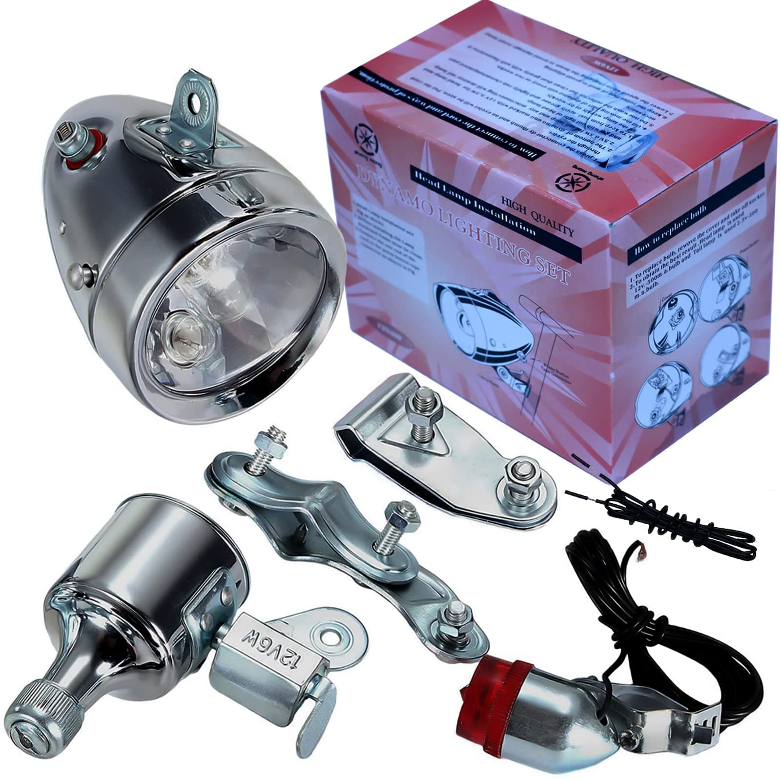 AXITRON Motorized Bicycle Friction Generator Headlight Tail Light Kit 12V 6W Dynamo Output