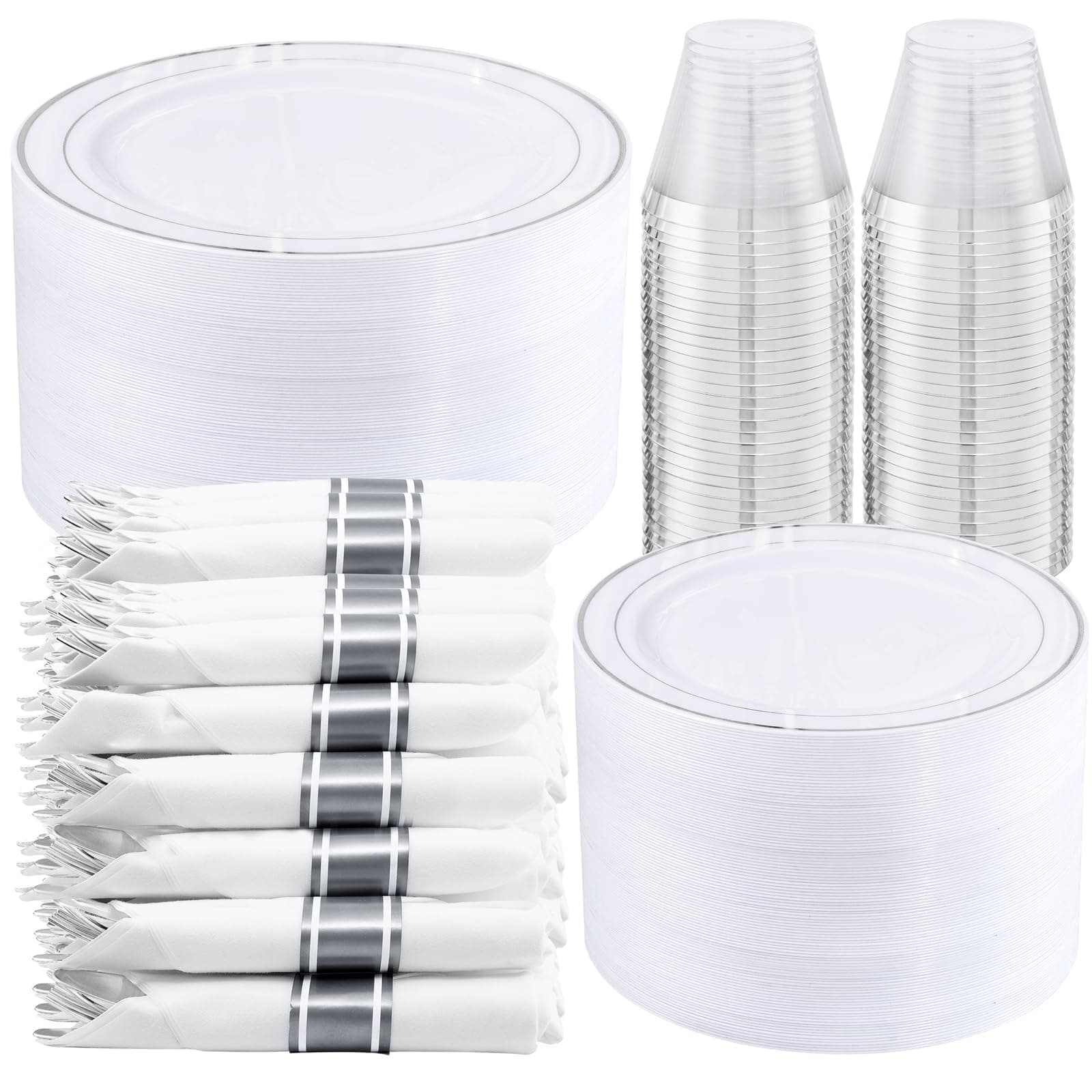 WELLIFE 350-Piece Silver Plastic Dinnerware Set - Disposable 10.25" Dinner Plates, 7.5" Dessert Plates, 9oz Silver Rim Cups & Cutlery for Weddings - 50 Guest Service - Elegant Disposable Silverware