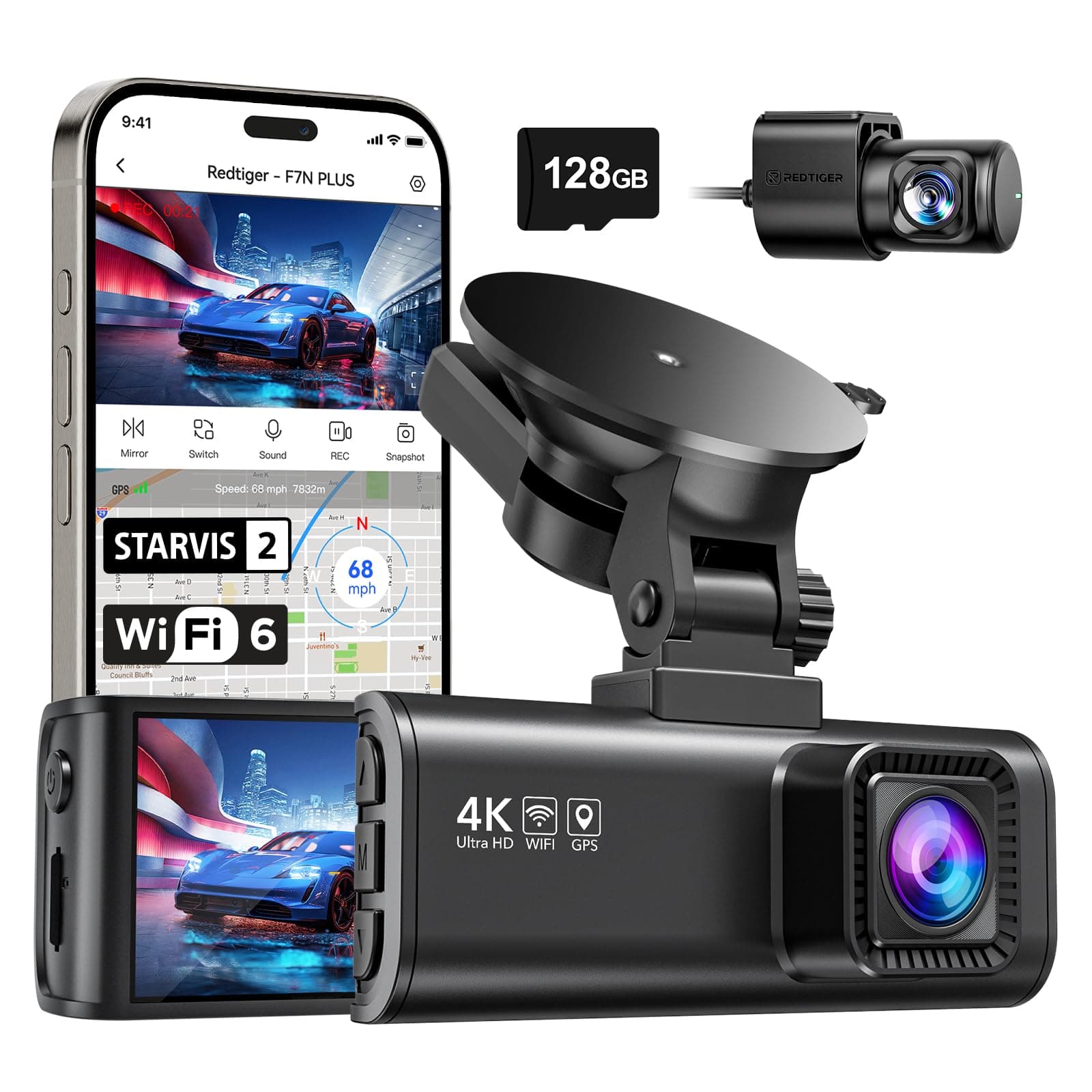 REDTIGER Dash Cam Front Rear, 4K/2.5K Full HD Dash Camera for Cars, Built-in Wi-Fi GPS, 3.16” IPS Screen, Night Vision, 170°Wide Angle, WDR, 24H Parking Mode (4K Front + 1080P Inside Rear)