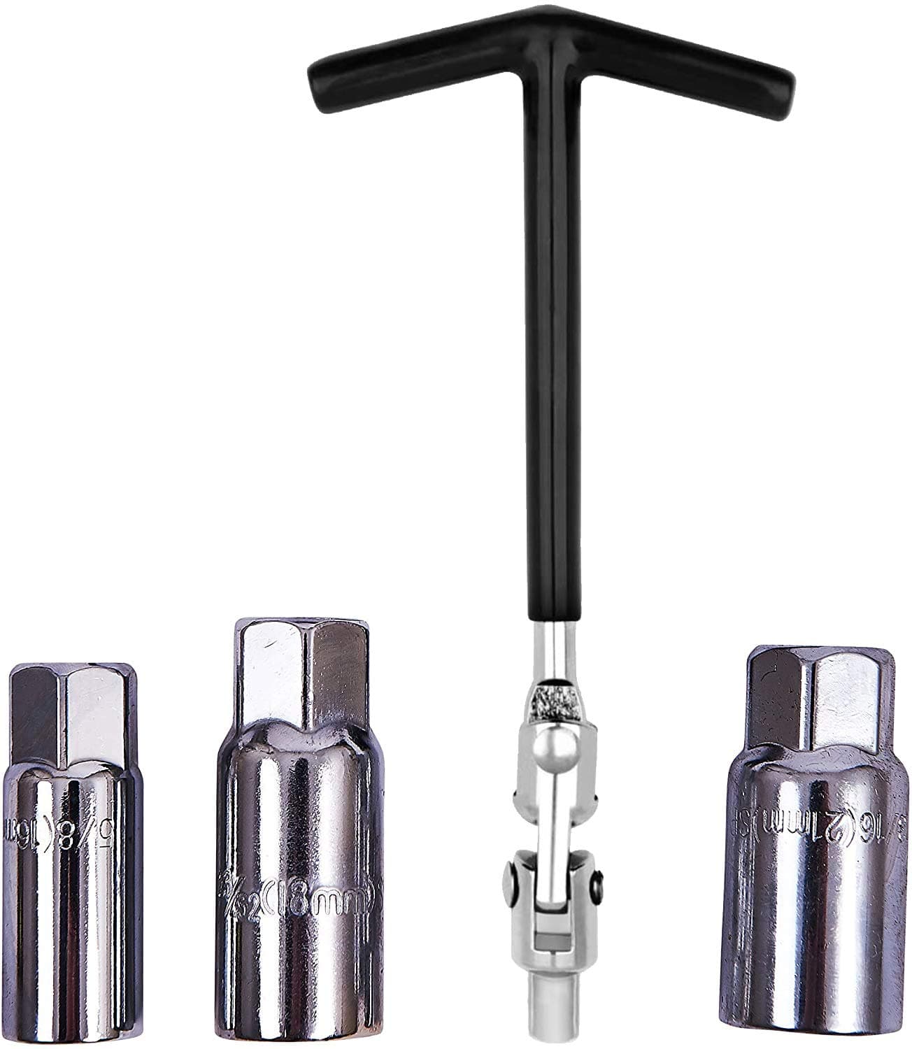 4PC T BAR Spark Plug Wrench Set Heavy Duty Chrome Spark Plug Removal 16mm 18mm & 21mm Tool Wrench Non-Slip Grip T-Handle T-Bar Flexible Spanner Socket 4-17