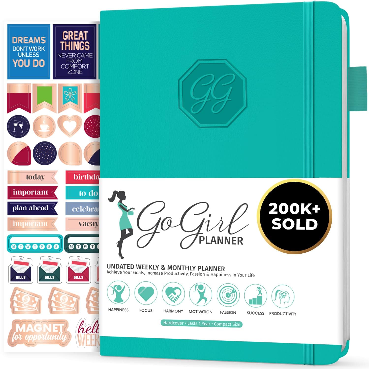 GoGirl Planner and Organizer for Women – Compact Size Weekly Planner, Goals Journal & Agenda to Improve Time Management, Productivity & Live Happier. Undated – Start Anytime, Lasts 1 Year – Turquoise