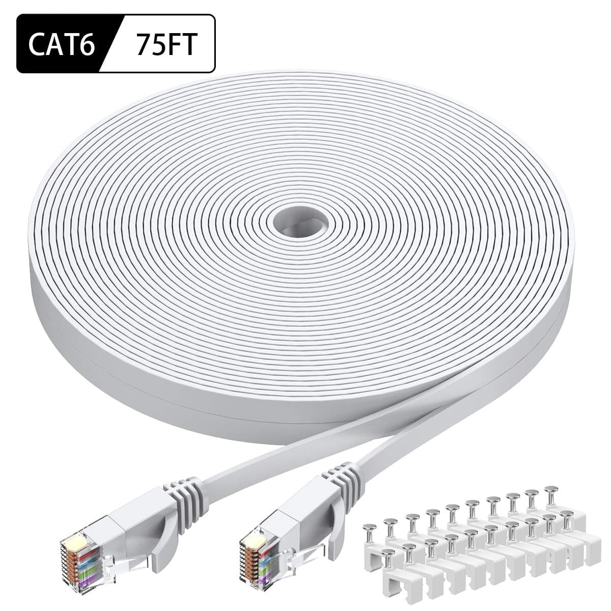 BUSOHE Cat6 Ethernet Cable 75 FT White, Cat-6 Flat RJ45 Computer Internet LAN Network Ethernet Patch Cable Cord - 75 Feet