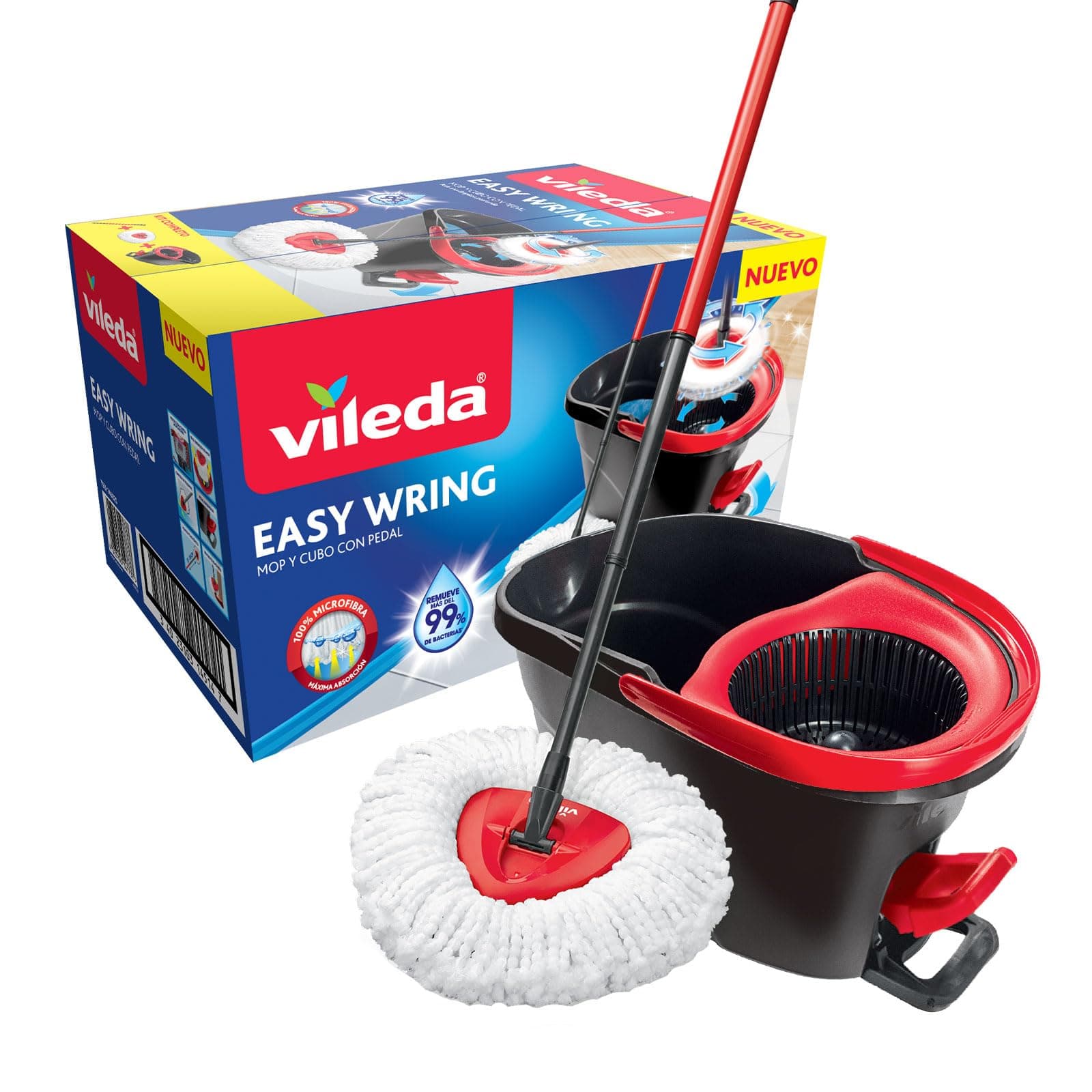 Vileda Easy Wring & Clean spin mop & bucket set with foot pedal | Vileda |3-Piece Handle 130 cm |Floor mop with spinning wringer | Turbo Refill 100% Microfibre mop head |