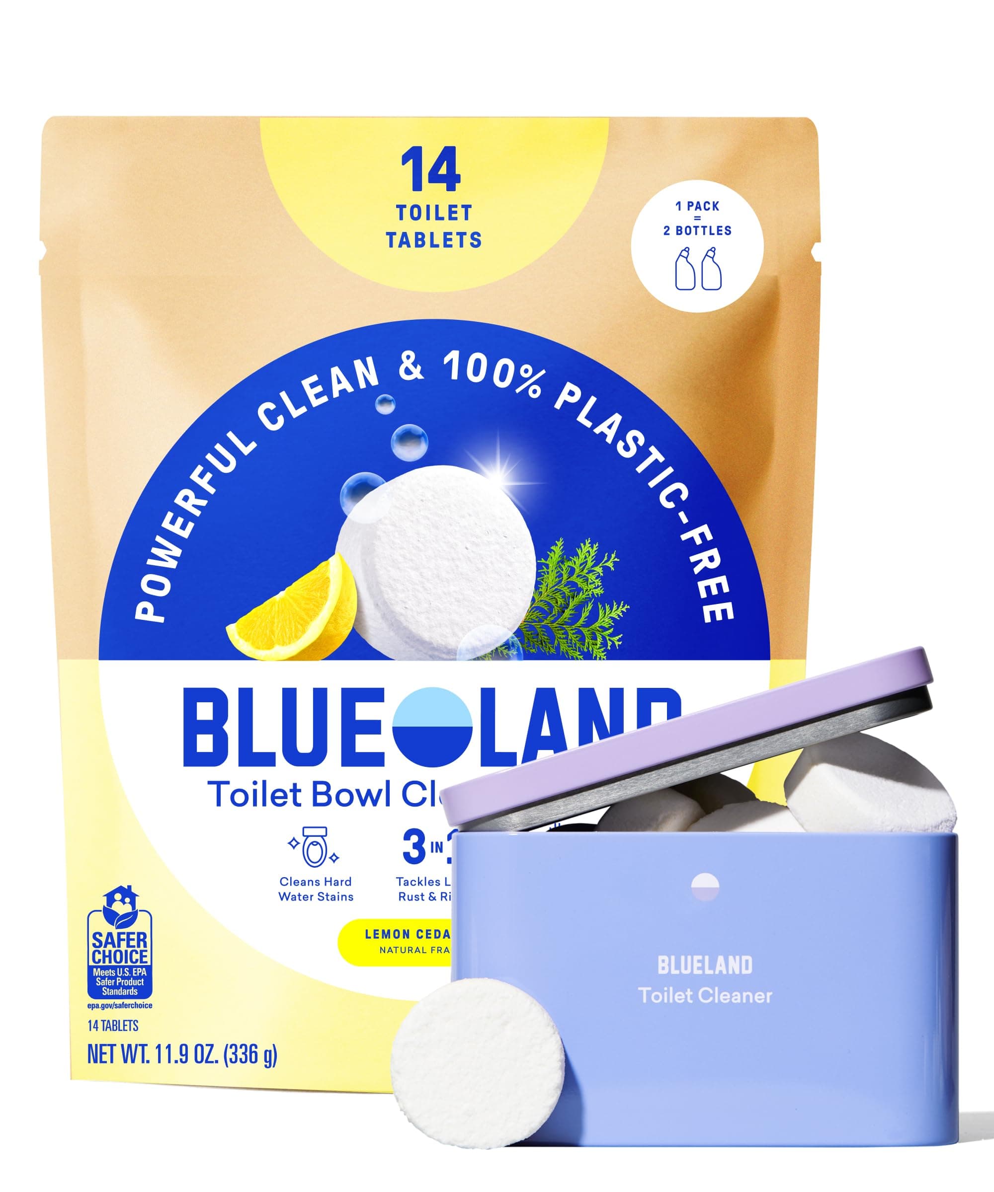- BLUELAND Toilet Bowl Cleaner Tablets, Starter Set, 14 Count with Tin, Lemon Cedar, Plastic-Free, No Harsh Chemicals, Plant-Based