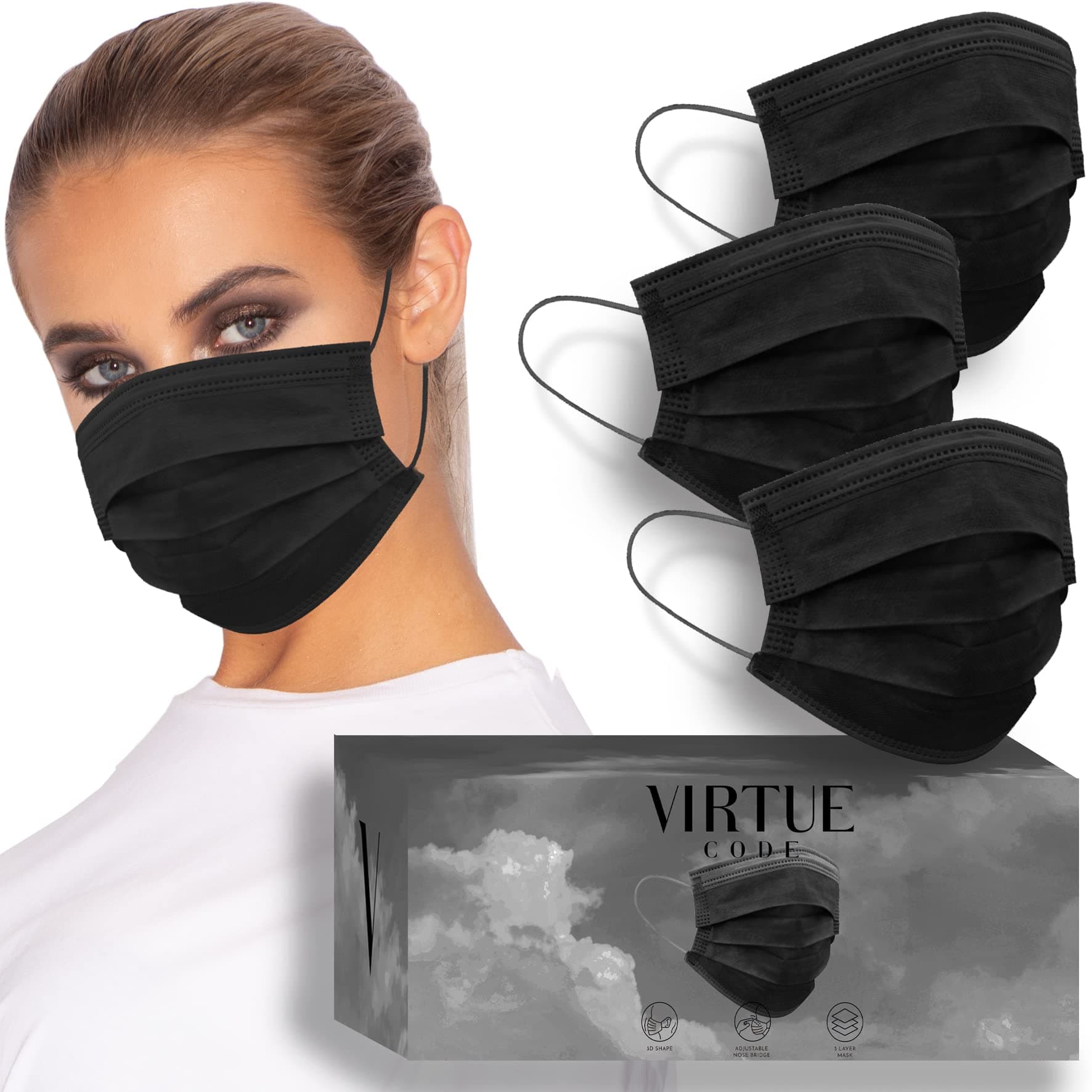 VIRTUE CODESupport Mask. 50 Disposable Face Masks - Black Color Mask Pack. Cute Black Masks with Black Straps. One Size Fits Men and Women Adult Disposable Face Mask. Black disposable face masks