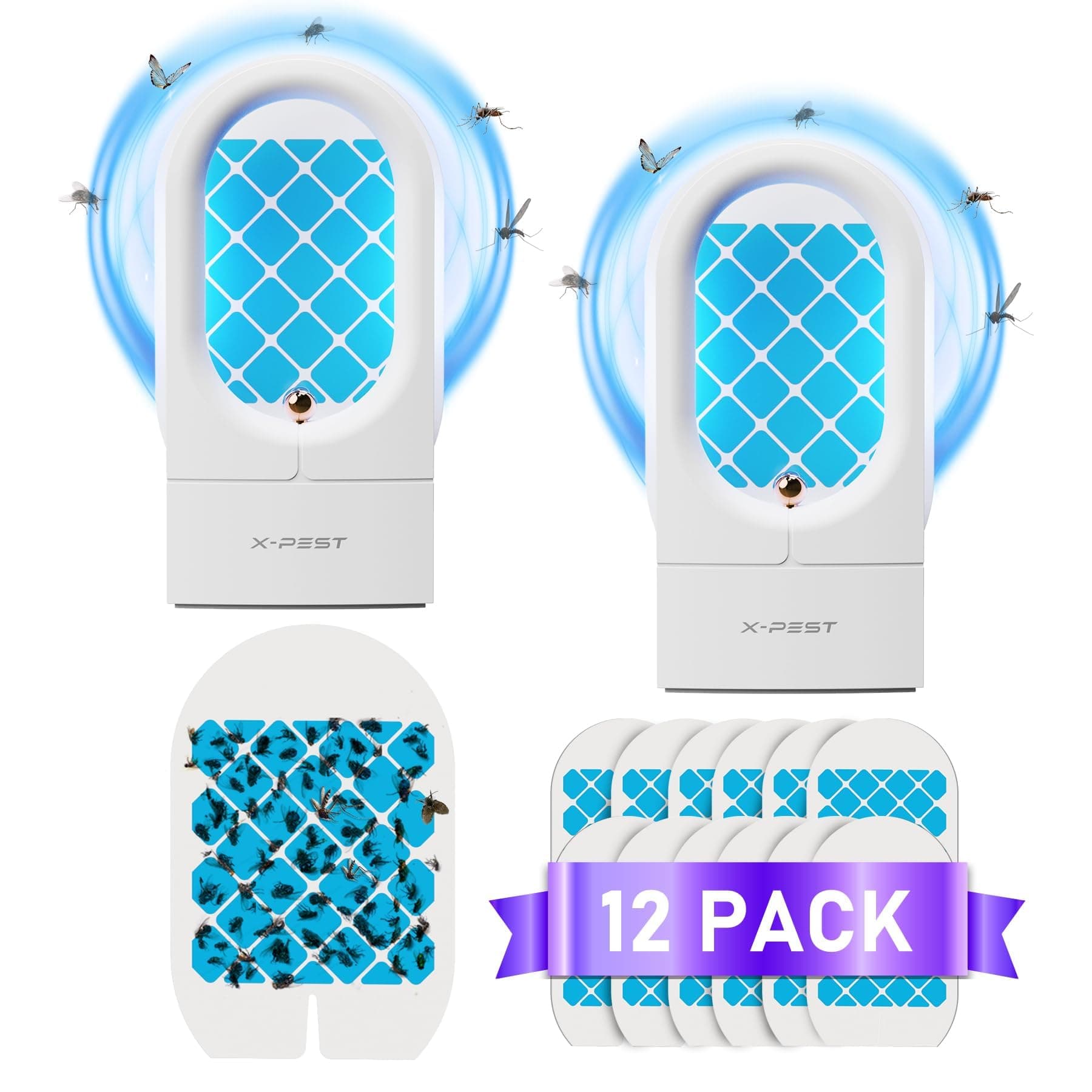 2 Packs Fruit Fly Traps for Indoors, Plug-in Fly Trap Indoor, Gnat Traps for House Indoor, Fly Insect Trap with UV Light, Fly Catcher for Fruit Flies, Gnats, Mosqutioes, Moths (2 Device + 12 Refills)