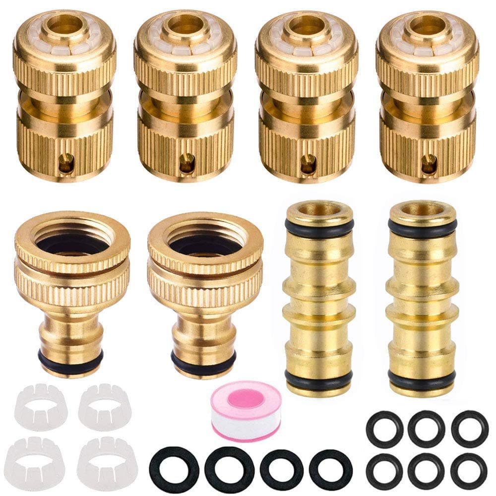 Abimars 8 Pack Brass Garden Hose Tap Connector Kit – 2 Double Male Adapters, 4 Quick Connect 1/2" Hose Ends, 2 Tap Connectors – Hose Pipe Fittings Set for Outdoor Use