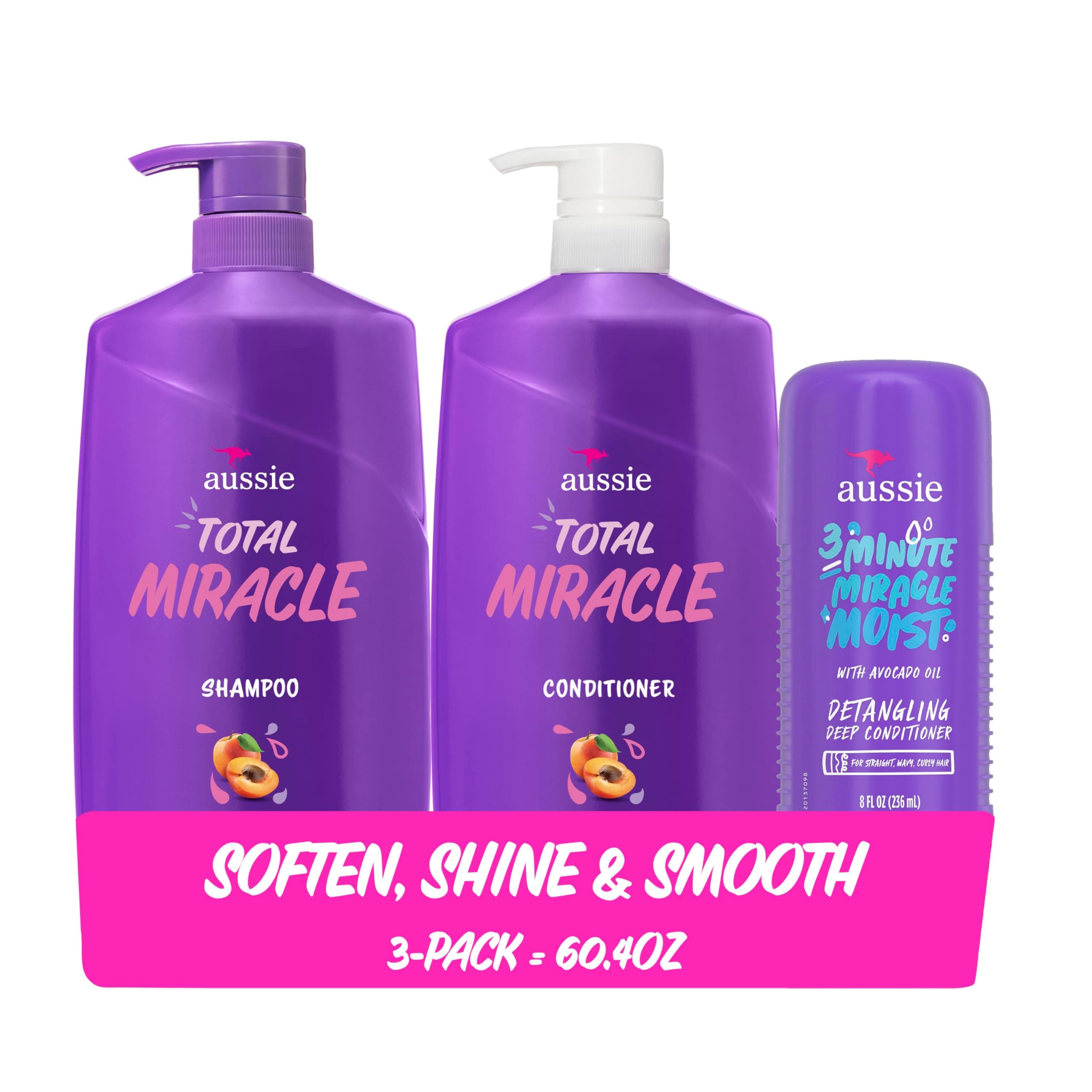 Total Miracle Hair Care Bundle: Shampoo, Conditioner, and 3 Minute Deep Treatment with Apricot & Macadamia Oil, Paraben-Free for Damaged Hair, 26.2 & 8 Fl Oz