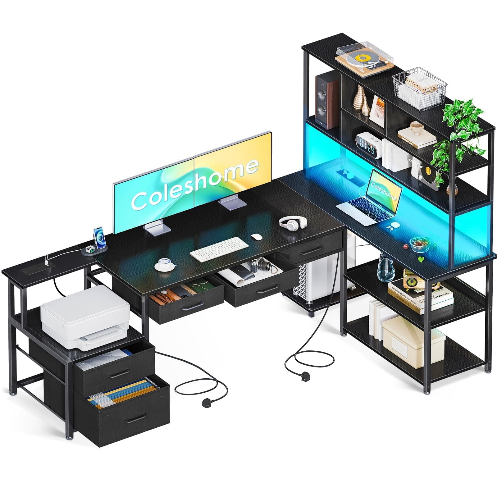 Coleshome L Shaped Corner Desk with Drawers, Reversible Home Office Computer Desk with Storages & Shelves, Gaming Table with LED Lights & Power Outlets Black, 200 × 110 cm