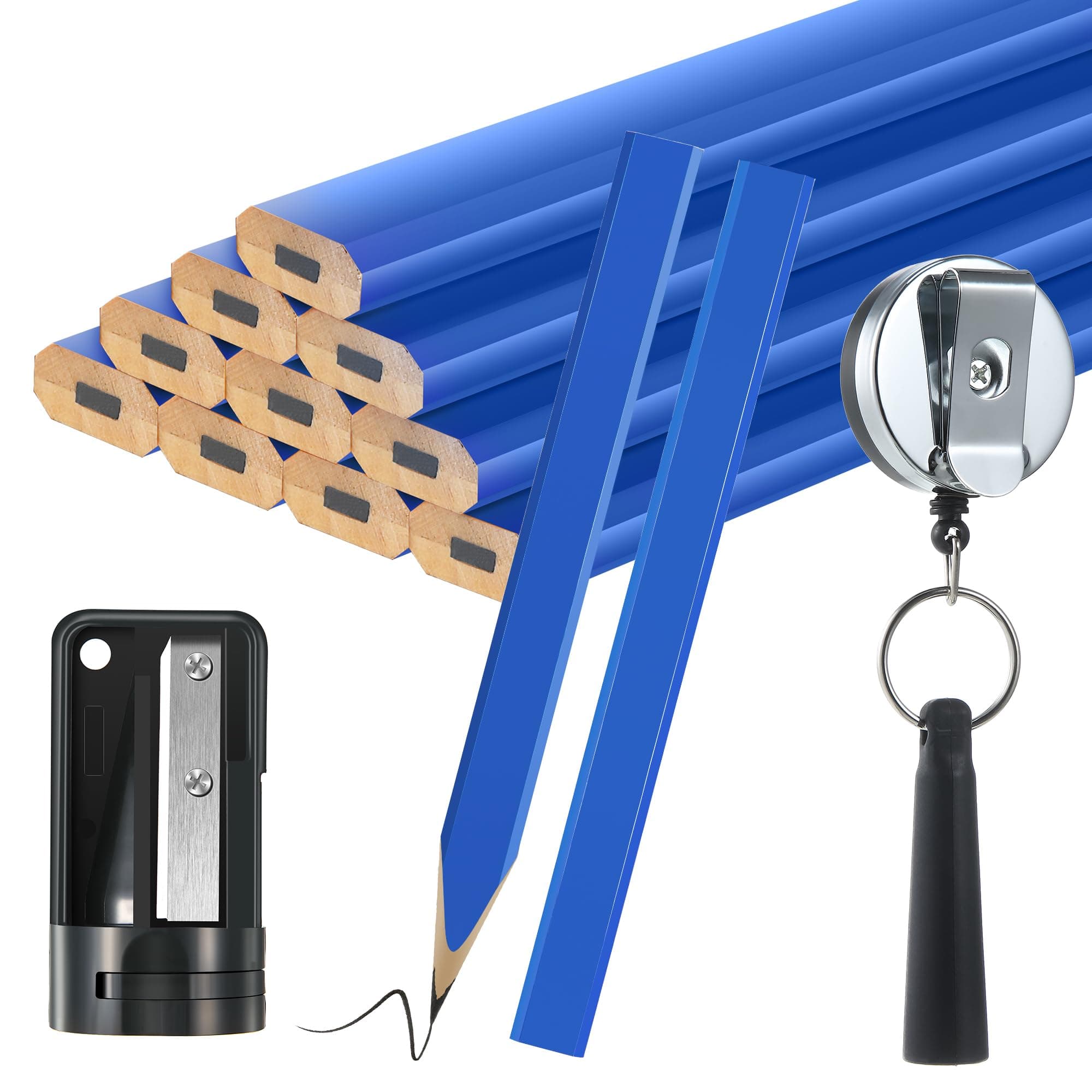 Hiboom 14 Pieces Carpenter Pencils, 7 Inches Flat Octagonal Hard Black Carpenter Marking Pencils with Pencil Sharpener and Silicone Heavy Duty Retractable Pen Holder for Woodworking Marking Tool