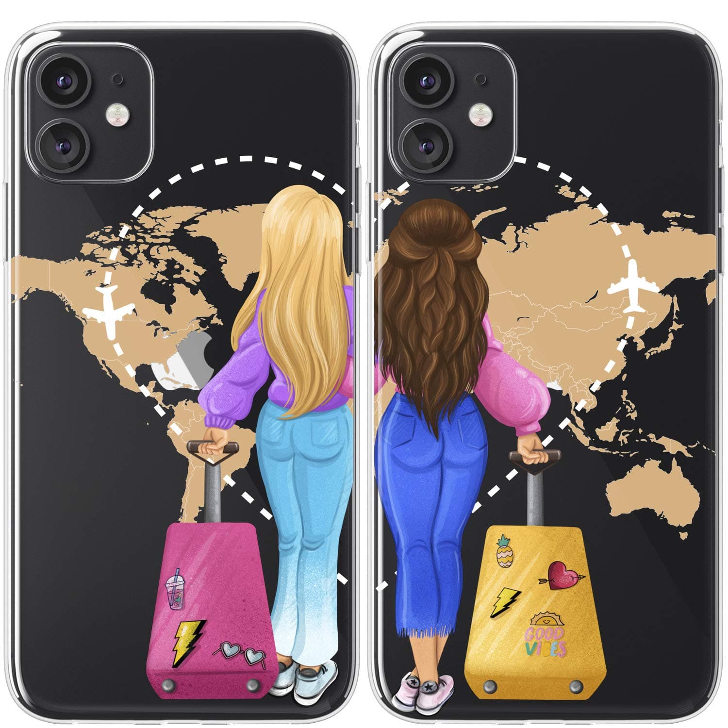 Matching Cases Compatible with iPhone 15 Pro Max 14 Plus 13 12 Mini 11 SE XS XR 8 7 Cute Couple World Map Flexible Travel Cover Girly Adventure Trip Bestie Sisters Best Friend Lightweight BFFs
